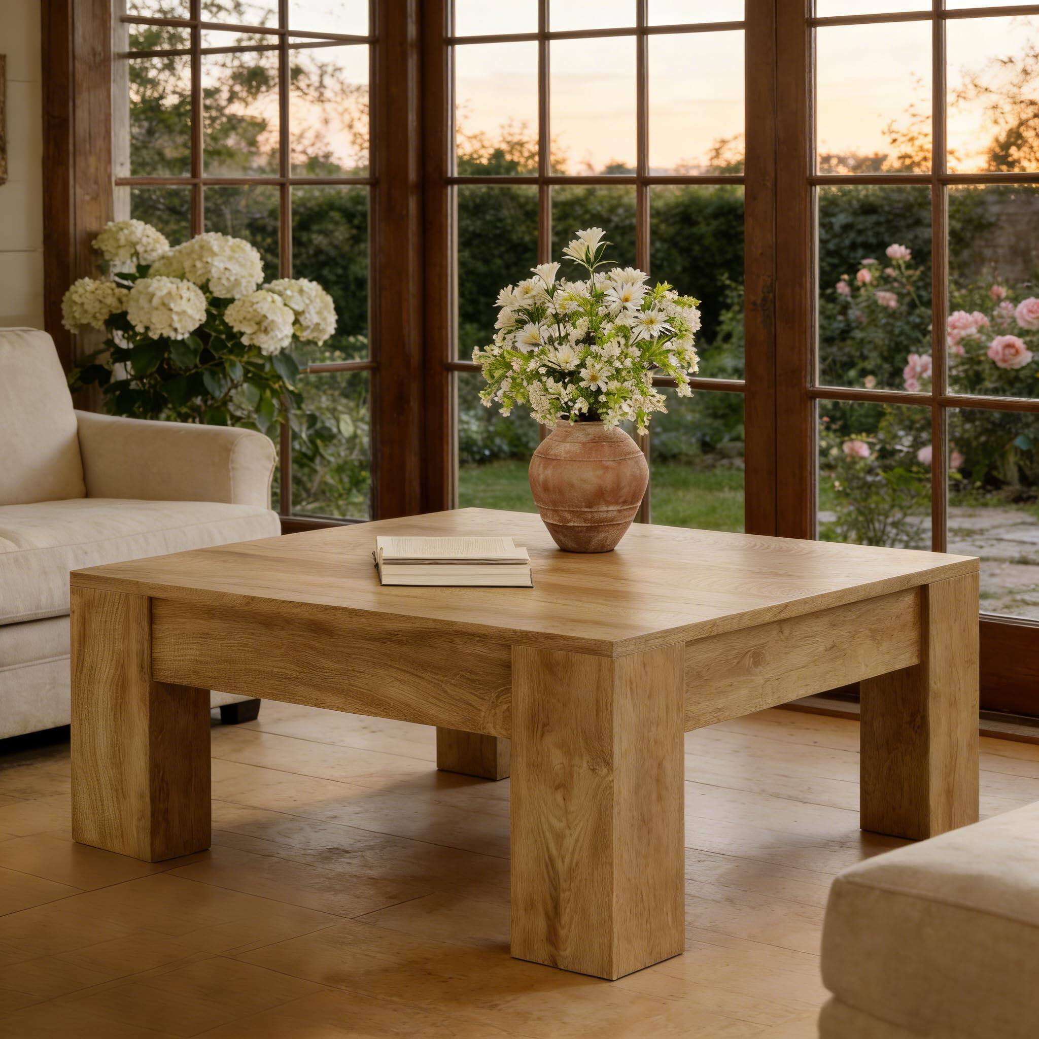 Alt View 3. Tribesigns - 39" Square Coffee Table for Living Room, Modern Farmhouse - Light Brown.