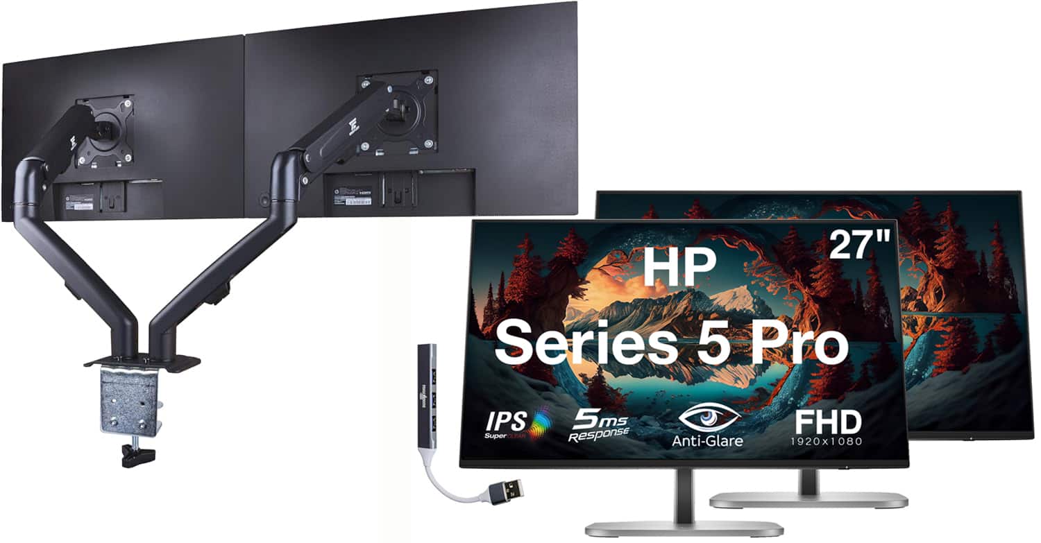 HP - Series 5 Pro 27" FHD IPS Monitor, Pivot Flicker Free, Displayport, HDMI,2 Pack w/DKZ Hub & ErgoFlexy Dual Mount Arms - Black