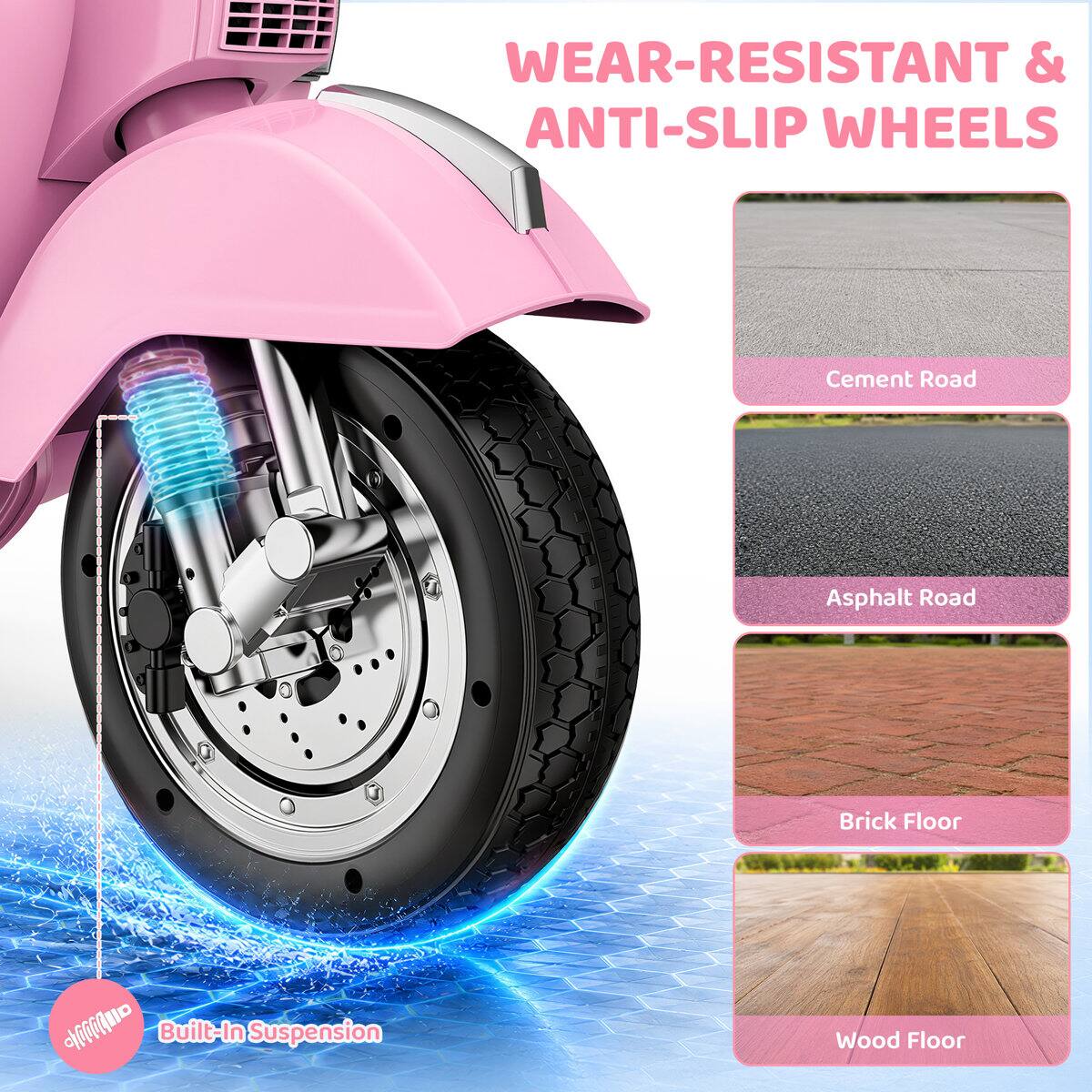 WEAR-RESISTANT & ANTI-SLIP WHEELS

Cement Road
Asphalt Road
Brick Floor
Wood Floor

NONLAID Built-In Suspension