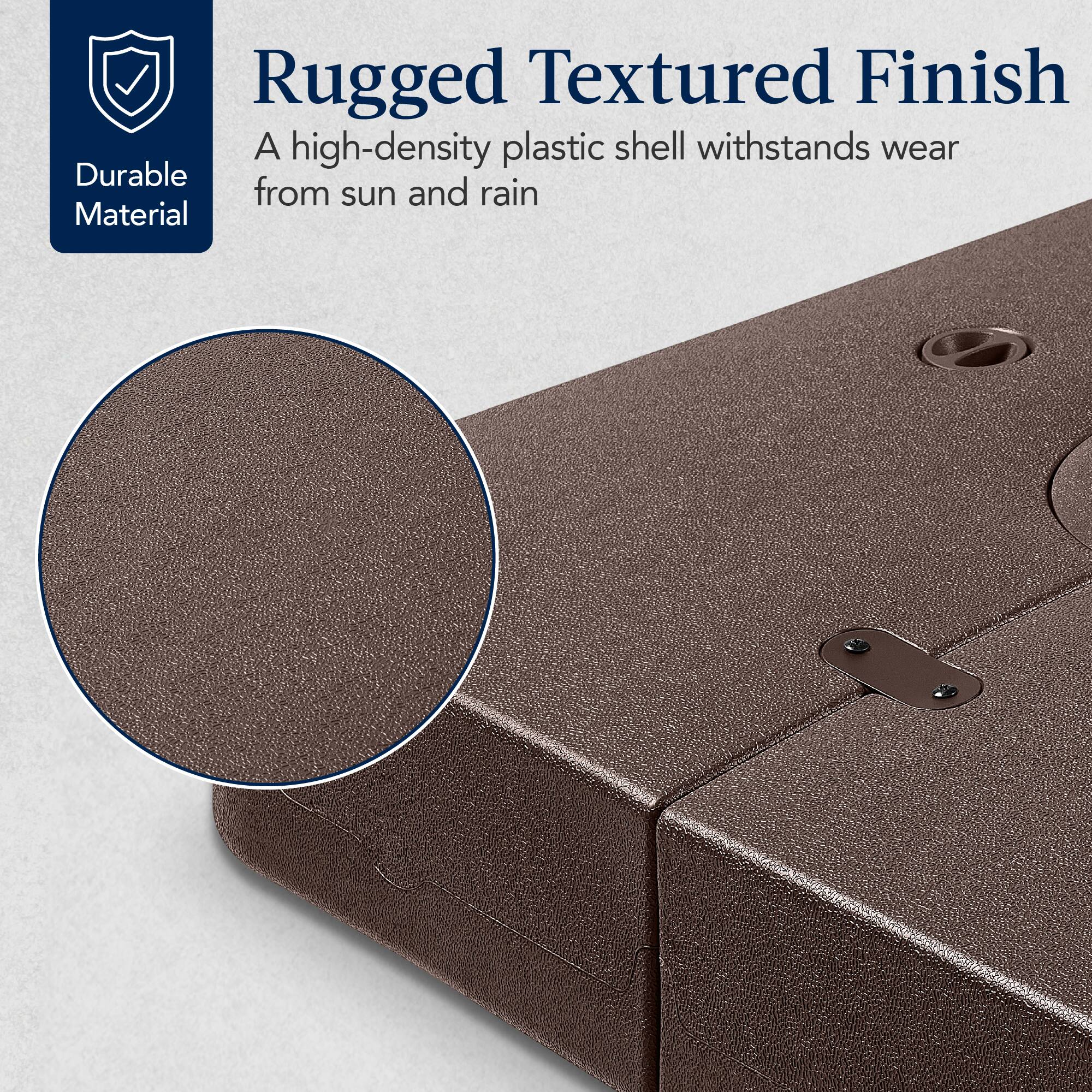 Rugged Textured Finish: A high-density plastic shell withstands wear from sun and rain.