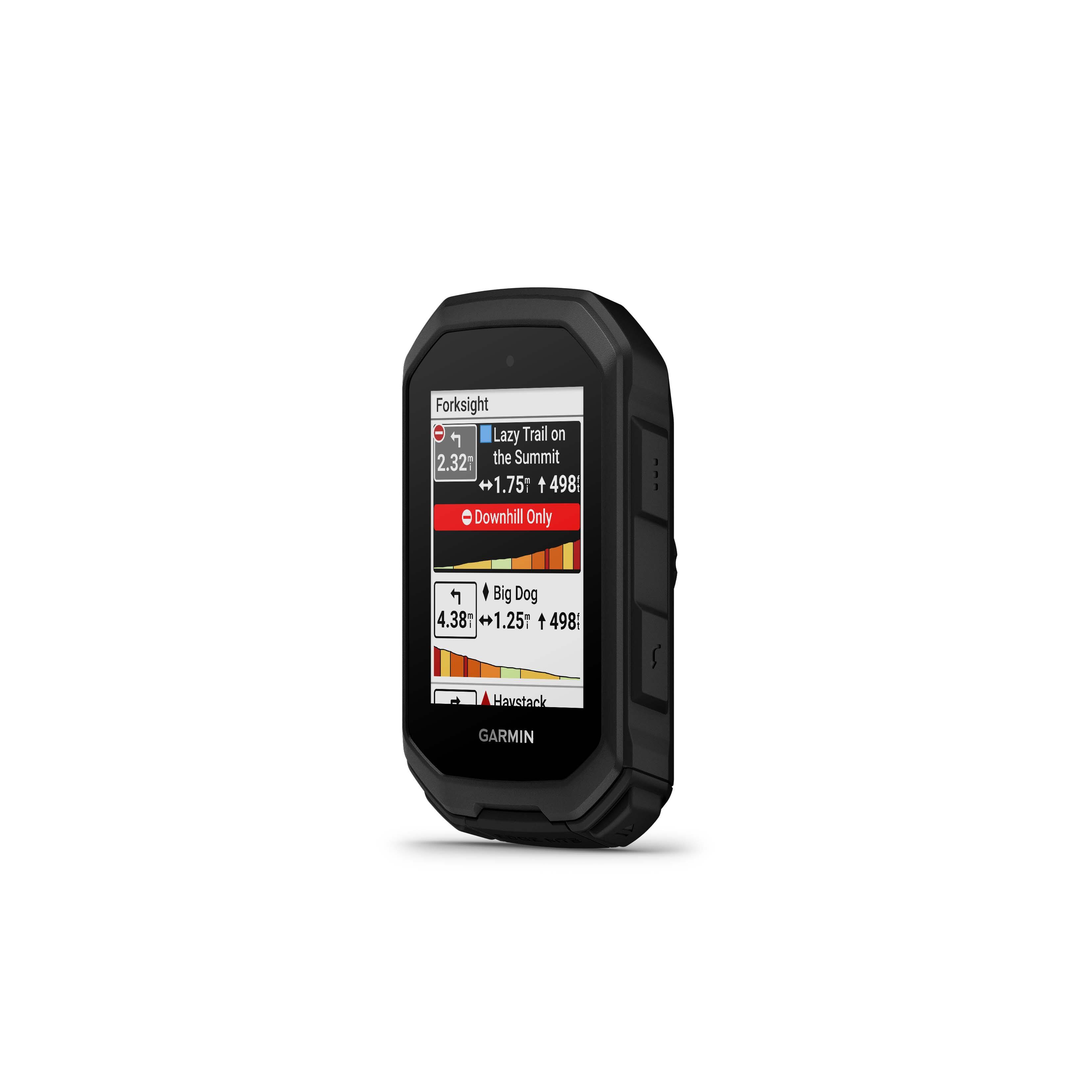 The text on the image reads "Forksight Lazy Trail on 2.32 the Summit 1.75 t 498 Downhill Only Big Dog 4.381 1.25t t 498 Havstack GARMIN." This text is likely related to a Garmin device, such as a GPS device or a smartphone app, providing information about a trail or location. The text may indicate the name of the trail, the elevation, the distance, and the direction of the trail.