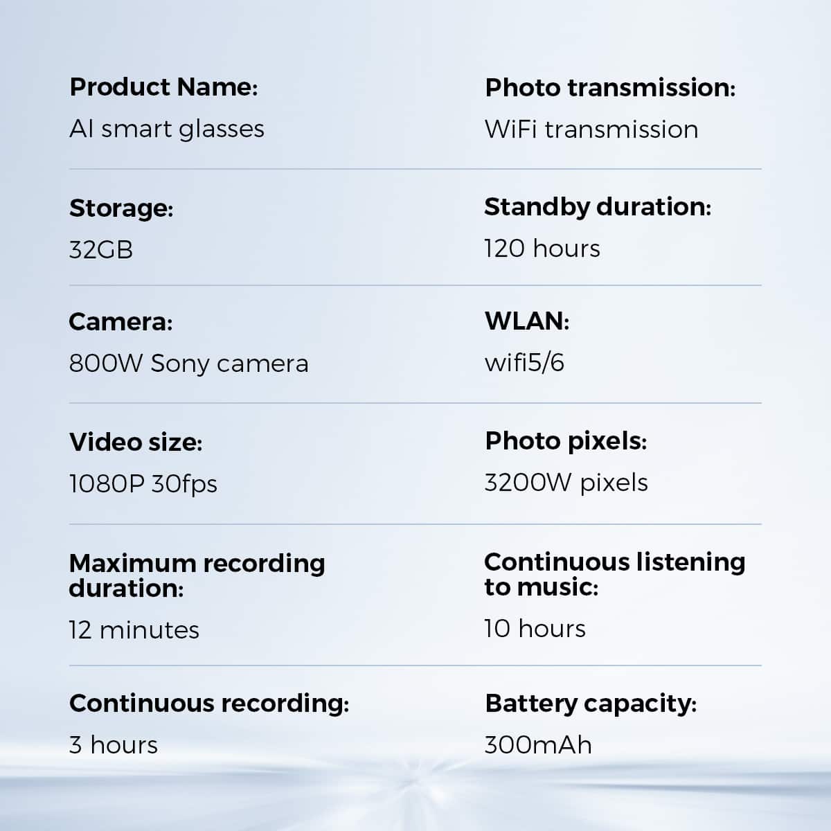 Product Name: AI smart glasses
Photo transmission: WiFi transmission
Storage: 32GB
Standby duration: 120 hours
Camera: 800W Sony camera
WLAN: wifi5/6
Video size: 1080P 30fps
Photo pixels: 3200W pixels
Maximum recording duration: 12 minutes
Continuous listening to music: 10 hours
Continuous recording: 3 hours
Battery capacity: 300mAh