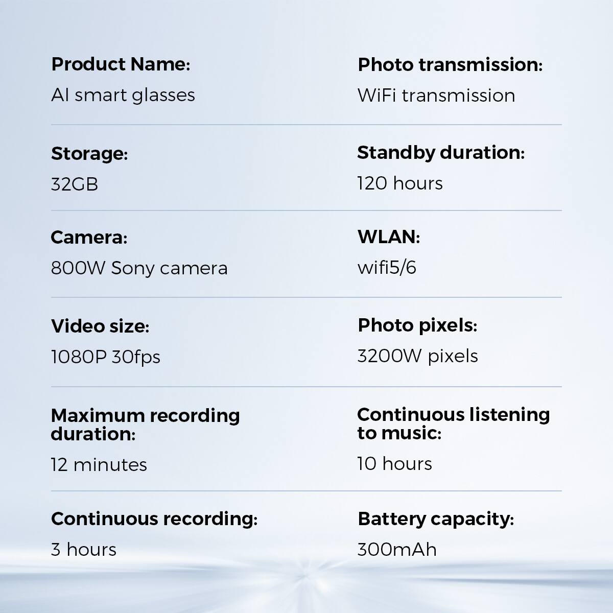 Product Name: AI smart glasses  
Photo transmission: WiFi transmission  
Storage: 32GB  
Standby duration: 120 hours  
Camera: 800W Sony camera  
WLAN: wifi5/6  
Video size: 1080P 30fps  
Photo pixels: 3200W pixels  
Maximum recording duration: 12 minutes  
Continuous listening to music: 10 hours  
Continuous recording: 3 hours  
Battery capacity: 300mAh