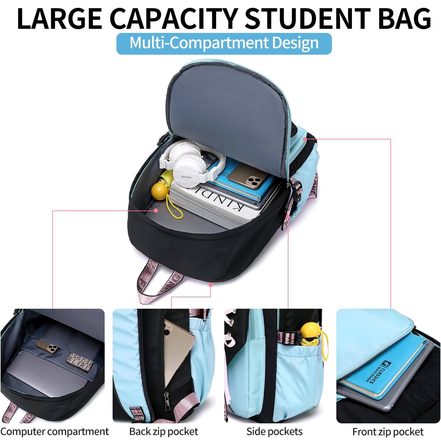 Alt View 3. Stamp n Camp - Teenage Bookbag School Backpack Casual Daypack Schoolbag For Teens Blue - Black Pink.