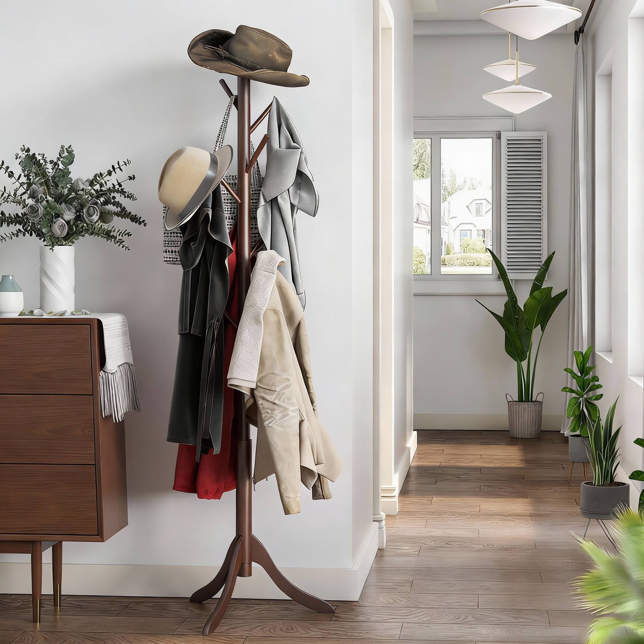 Alt View 1. Frangdom - Bamboo Coat Rack 8 Hooks Adjustable Height Tool-Free Assembly - Natural 18.4"D x 18.4"W x 69.3"H.