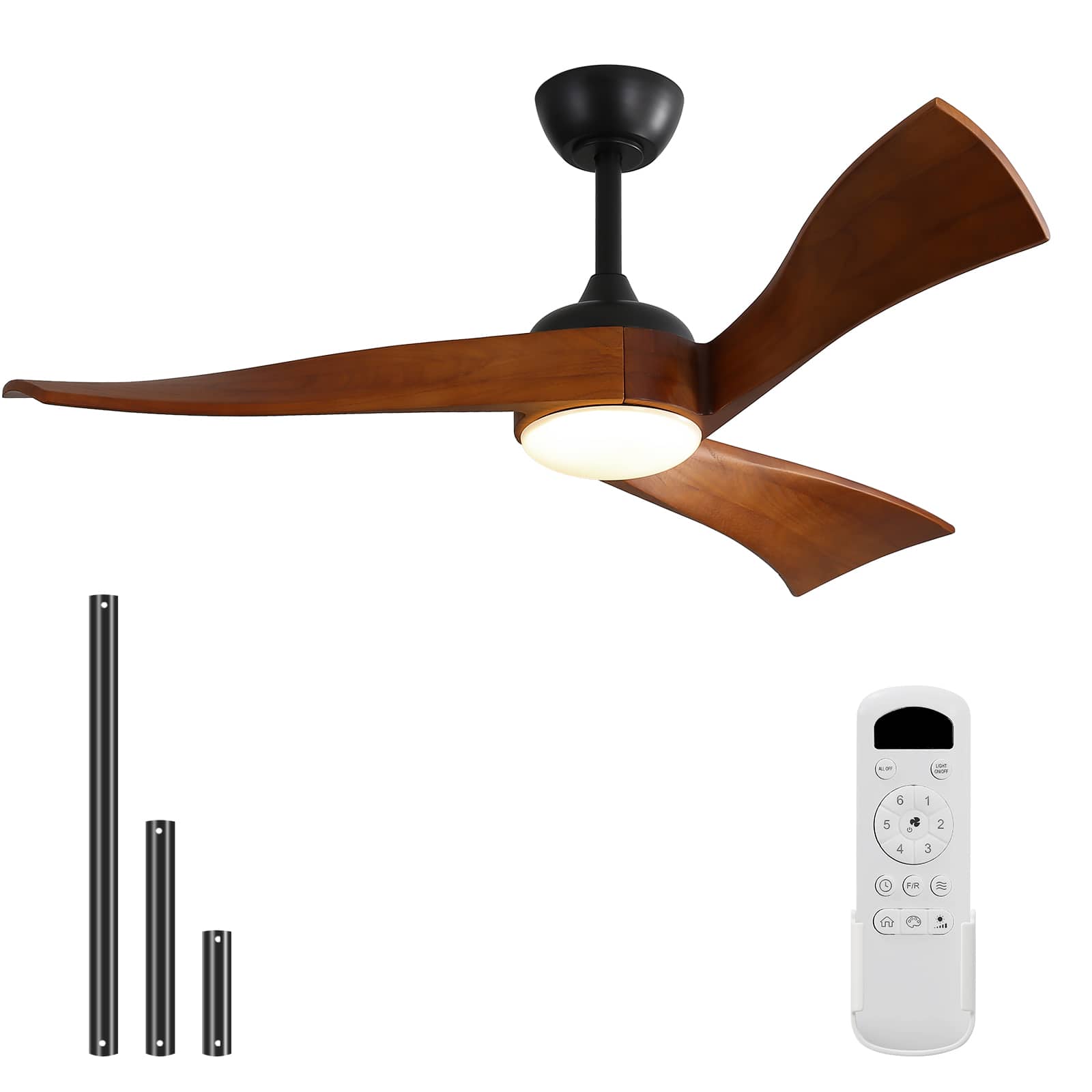 Sofucor - 52'' Modern Propeller Ceiling Fan Light Kit With Remote Solid Wood Blades Dimmable 3-Color LED Timer & Quiet Reversible - Black