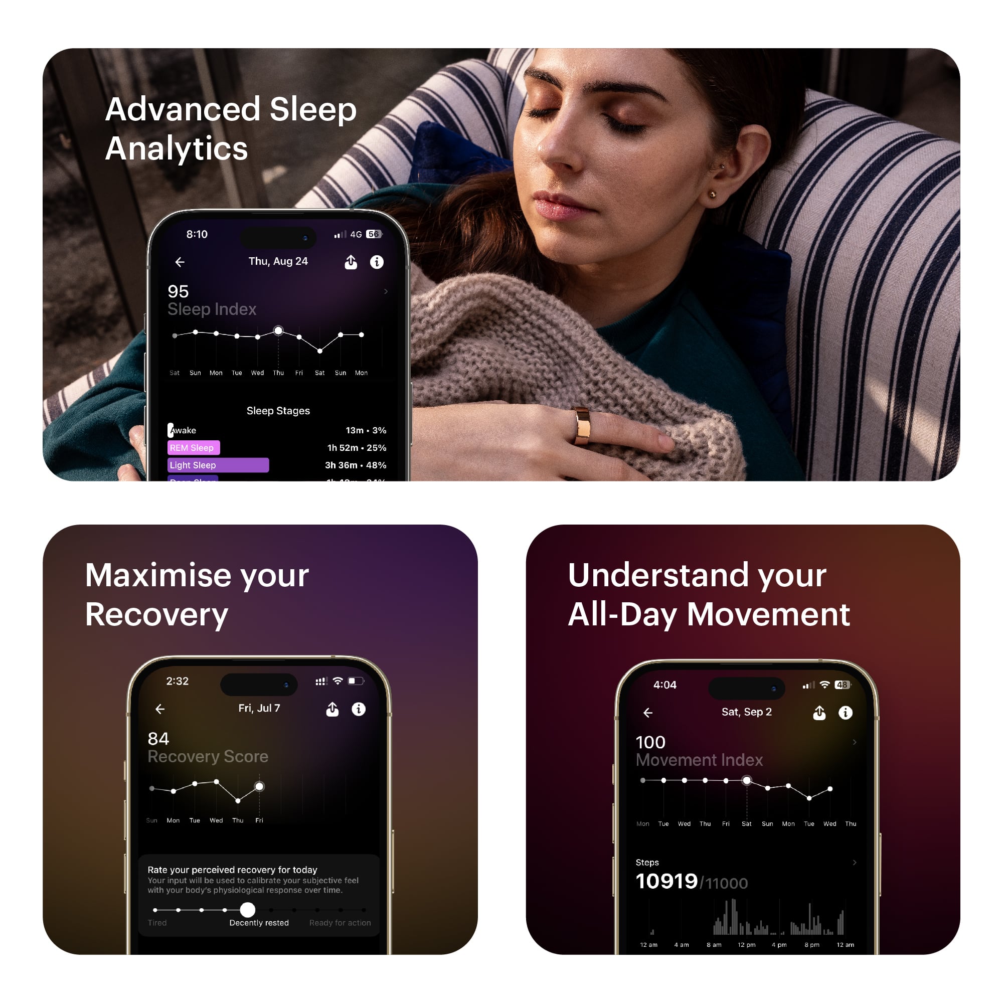 Advanced Sleep Analytics:
* Monitor sleep stages and duration
* Track sleep quality and recovery
* Improve sleep hygiene and overall sleep health
Maximise your Recovery:
* Understand your body's physiological response
* Calibrate your subjective feeling with your body's response
* Realize the benefits of adequate rest and recovery for action
Understand your All-Day Movement:
* Track your movement throughout the day
* Monitor your activity levels and patterns
* Identify areas for improvement in your daily routine