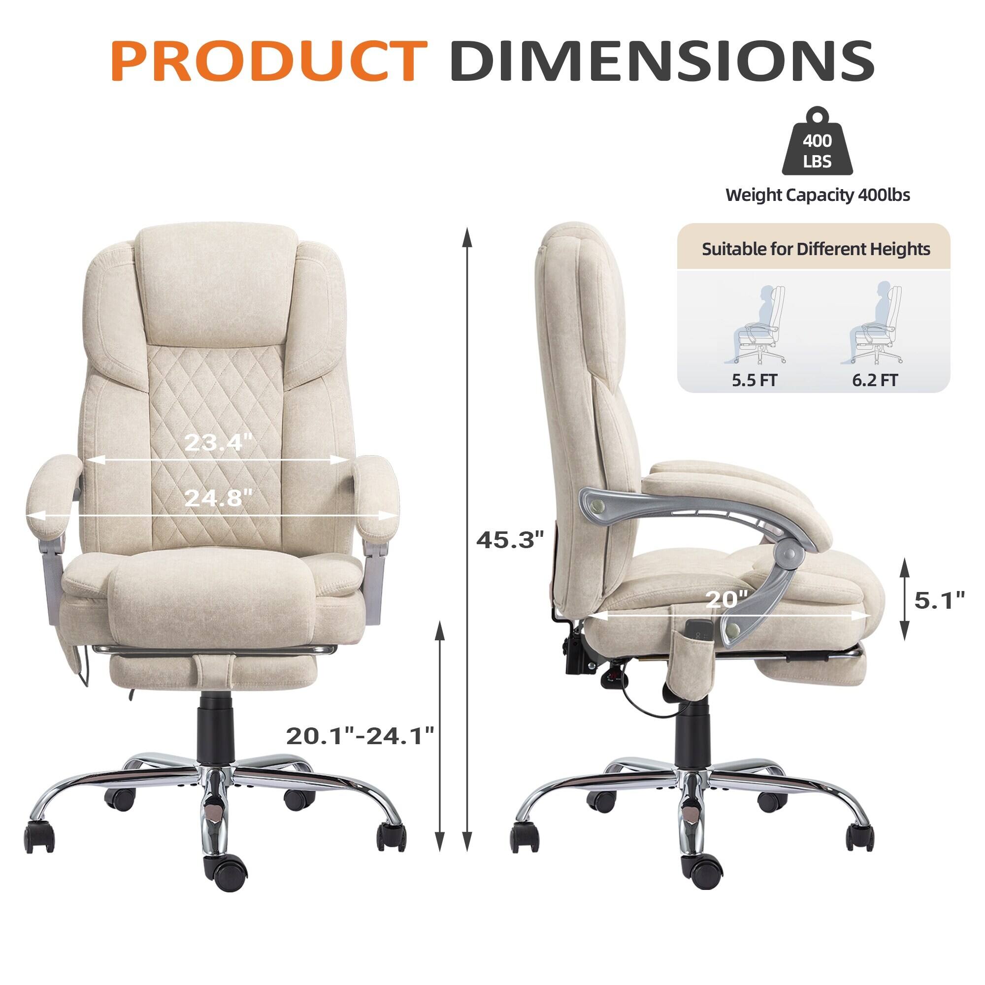 PRODUCT DIMENSIONS

- Weight Capacity: 400 lbs
- Suitable for Different Heights: 5.5 FT, 6.2 FT

Dimensions:
- Width: 23.4"
- Depth: 24.8"
- Height: 45.3"
- Seat Height: 20.1" - 24.1"
- Armrest Height: 20"
- Back Height: 5.1"