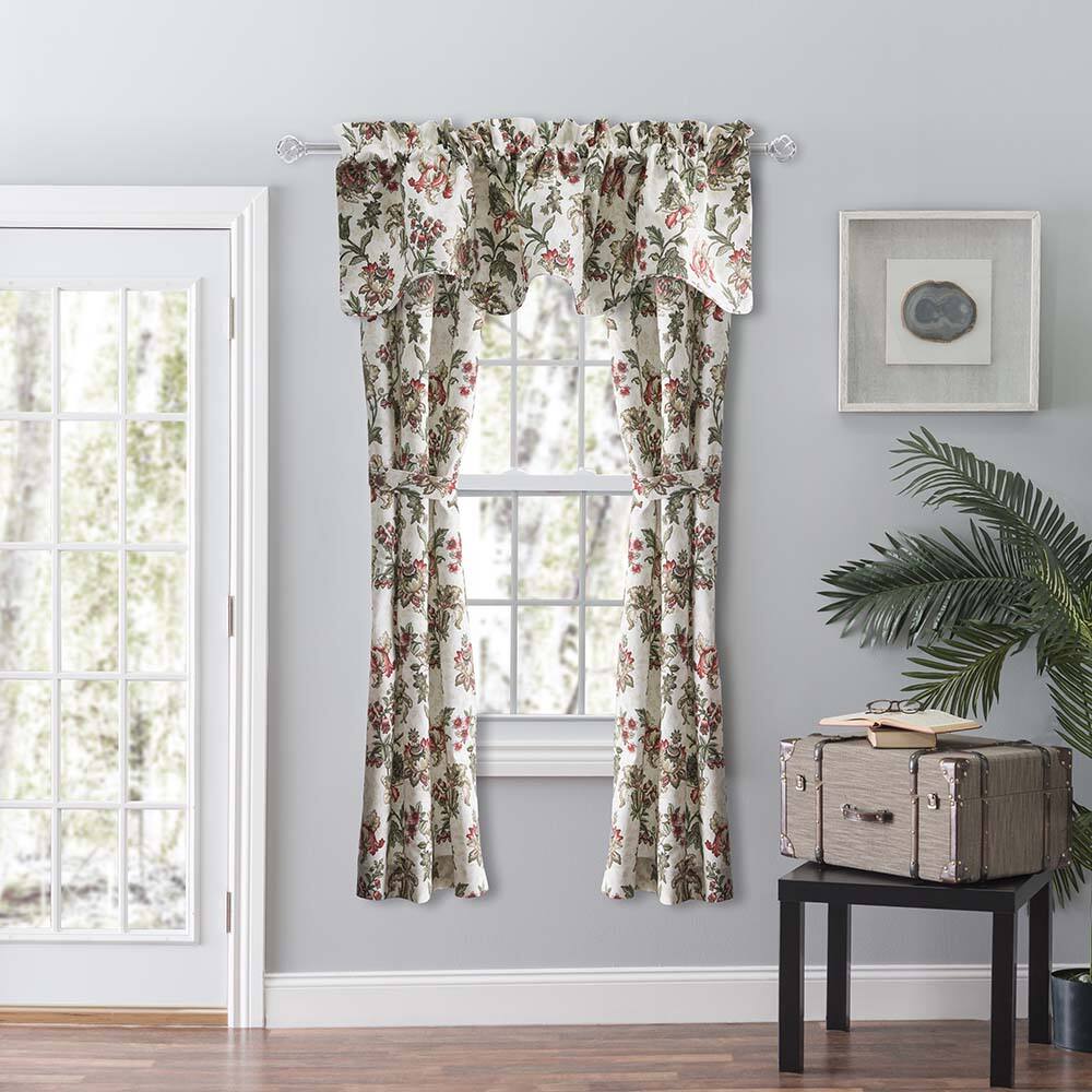 Angle. Ellis Curtain - Ellis Curtain Madison Floral Design Printed Natural Ground 3" Rod Pocket Lined Scallop Valance 58" x 15" Brick - Brick.