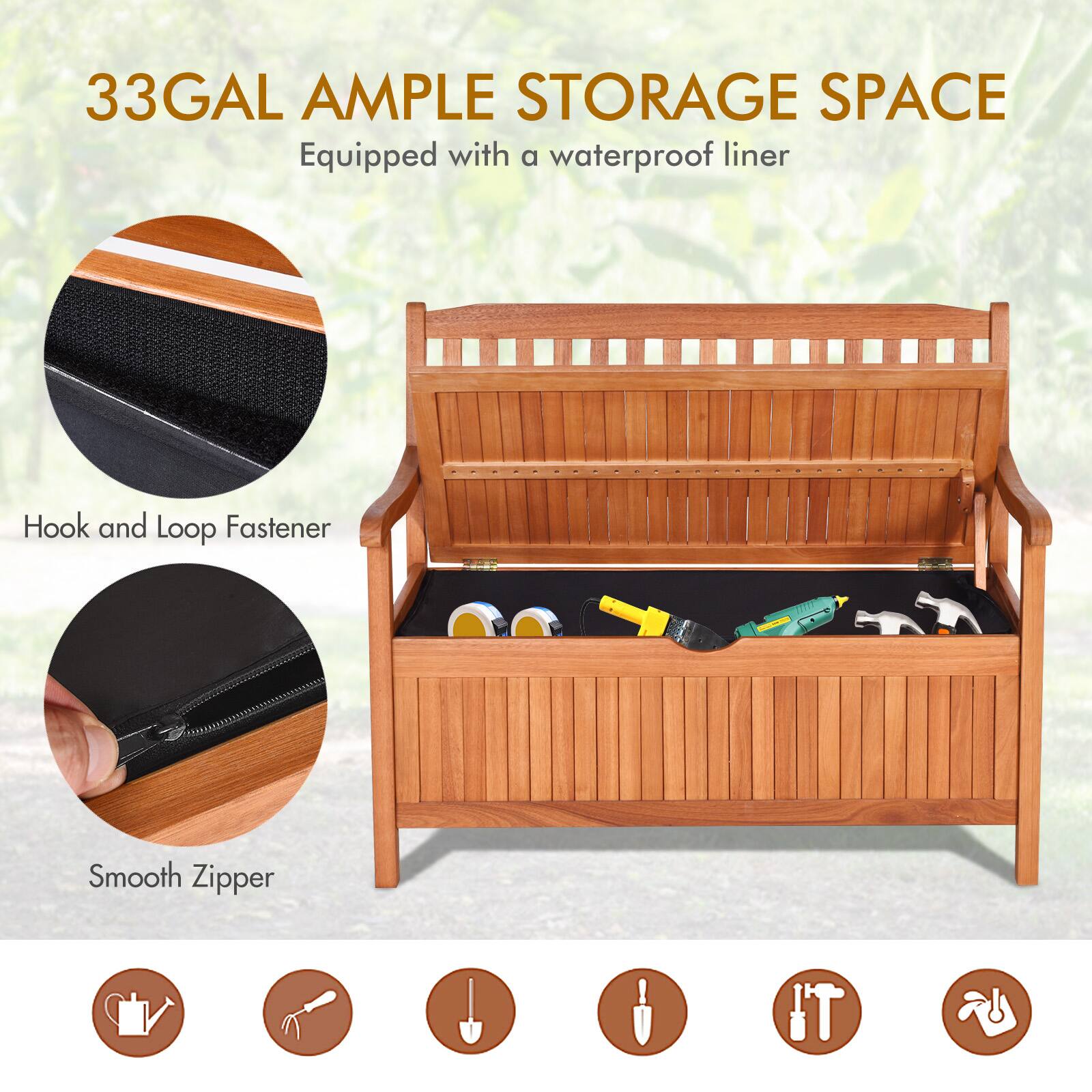 33GAL AMPLE STORAGE SPACE  
Equipped with a waterproof liner  

Hook and Loop Fastener  
Smooth Zipper