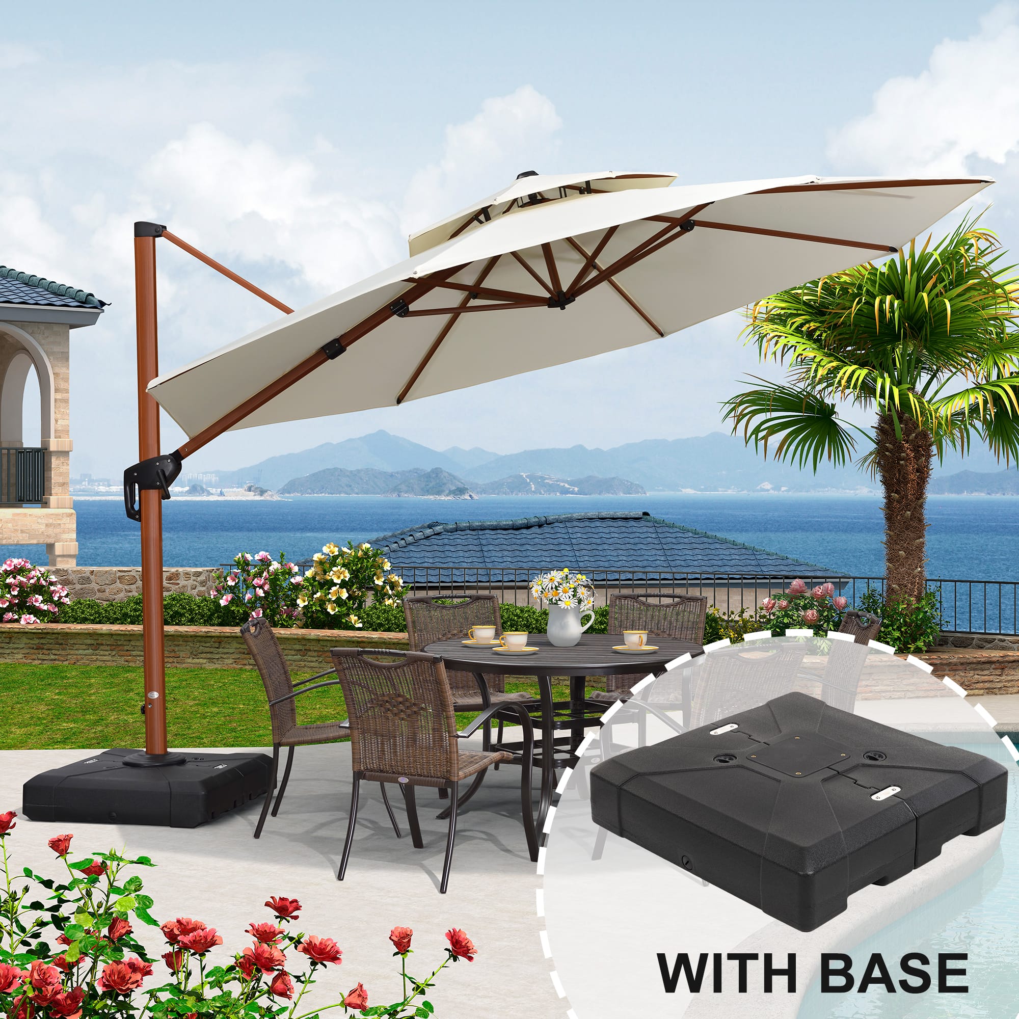 PURPLE LEAF - 12 ft. Patio Octagon Outdoor Large Cantilever Umbrella Windproof Offset Heavy Duty Sun Umbrella with Base for Garden - Cream