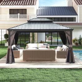 Mondawe - 10x13FT Outdoor Gazebo,Galvanized Steel Double Roof,Curtains and Netting Included - Dark Brown