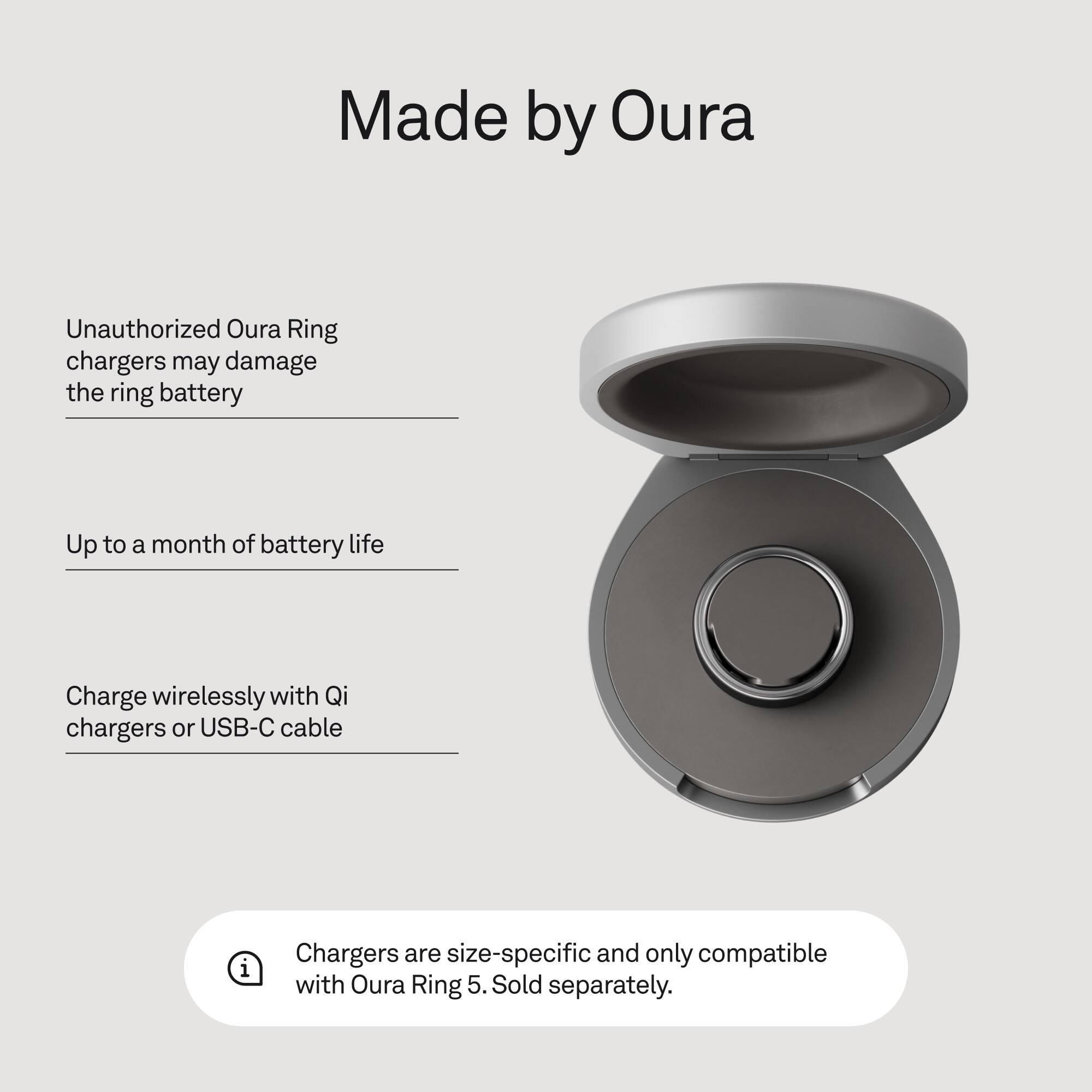 Made by Oura

Unauthorized Oura Ring chargers may damage the ring battery

Up to a month of battery life

Charge wirelessly with Qi chargers or USB-C cable

Chargers are size-specific and only compatible with Oura Ring 5. Sold separately.