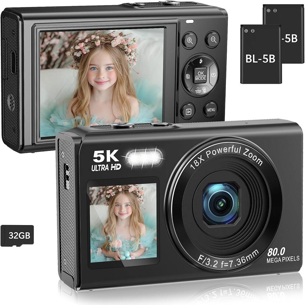 ACJPR - 5K Digital Camera, 80MP, Dual Screen, 16X Zoom, WiFi, 32GB Card, Black