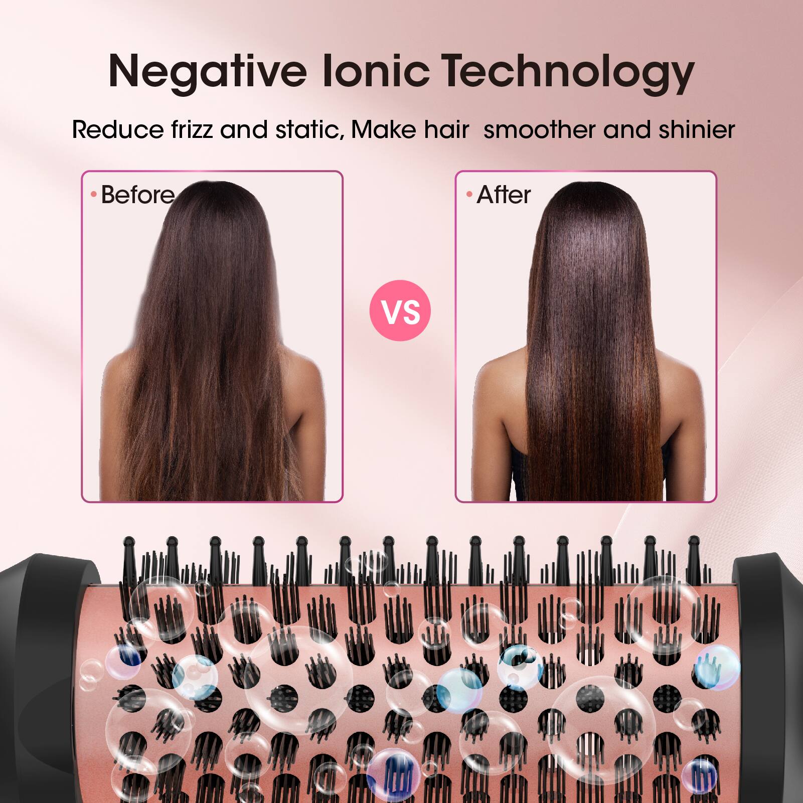 Negative Ionic Technology

Reduce frizz and static, Make hair smoother and shinier

- Before
- After

VS