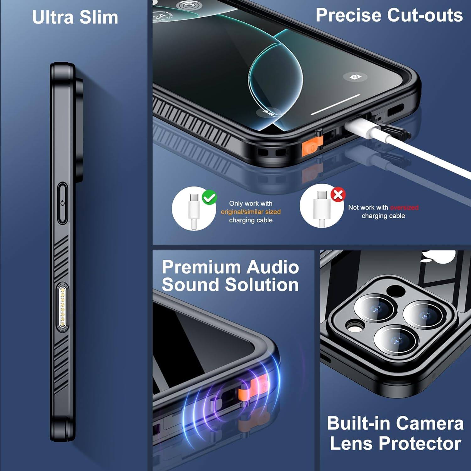 Ultra Slim, Precise Cut-outs, Only work with original/similar sized charging cable, Not work with oversized charging cable, Premium Audio Sound Solution, Built-in Camera Lens Protector