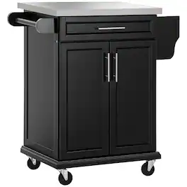Homcom - Kitchen Island on Wheels, Rolling Kitchen Cart with Stainless Steel Countertop, Drawer, Towel Rack and Spice Rack - Black