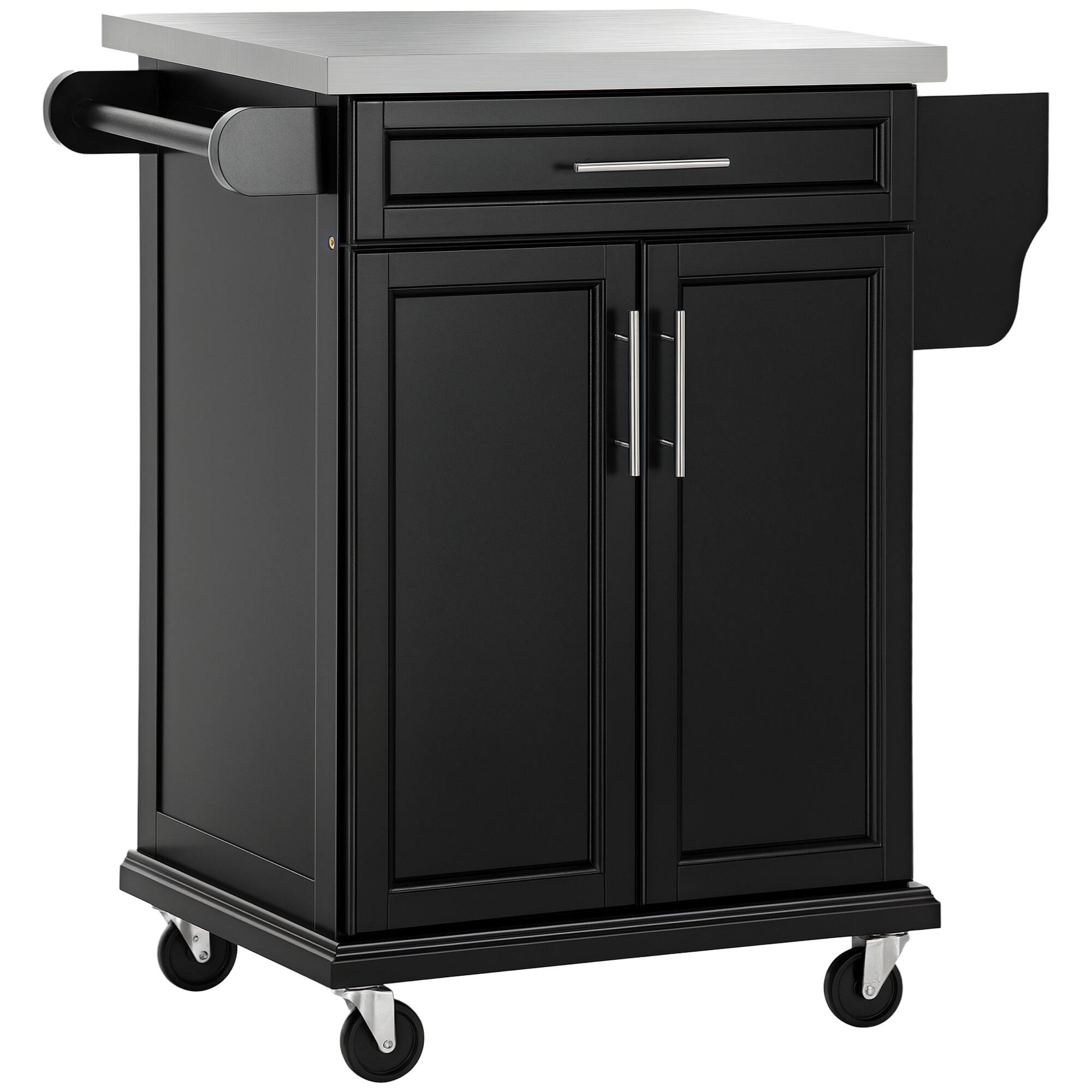 Homcom - Kitchen Island on Wheels, Rolling Kitchen Cart with Stainless Steel Countertop, Drawer, Towel Rack and Spice Rack - Black