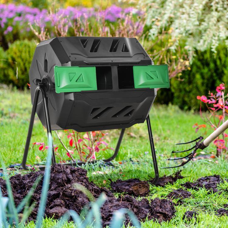 Alt View 2. PULUZ - Tumbling Compost Bin Outdoor 360 Degrees Dual Chamber Rotating Composter 43 Gallon.
