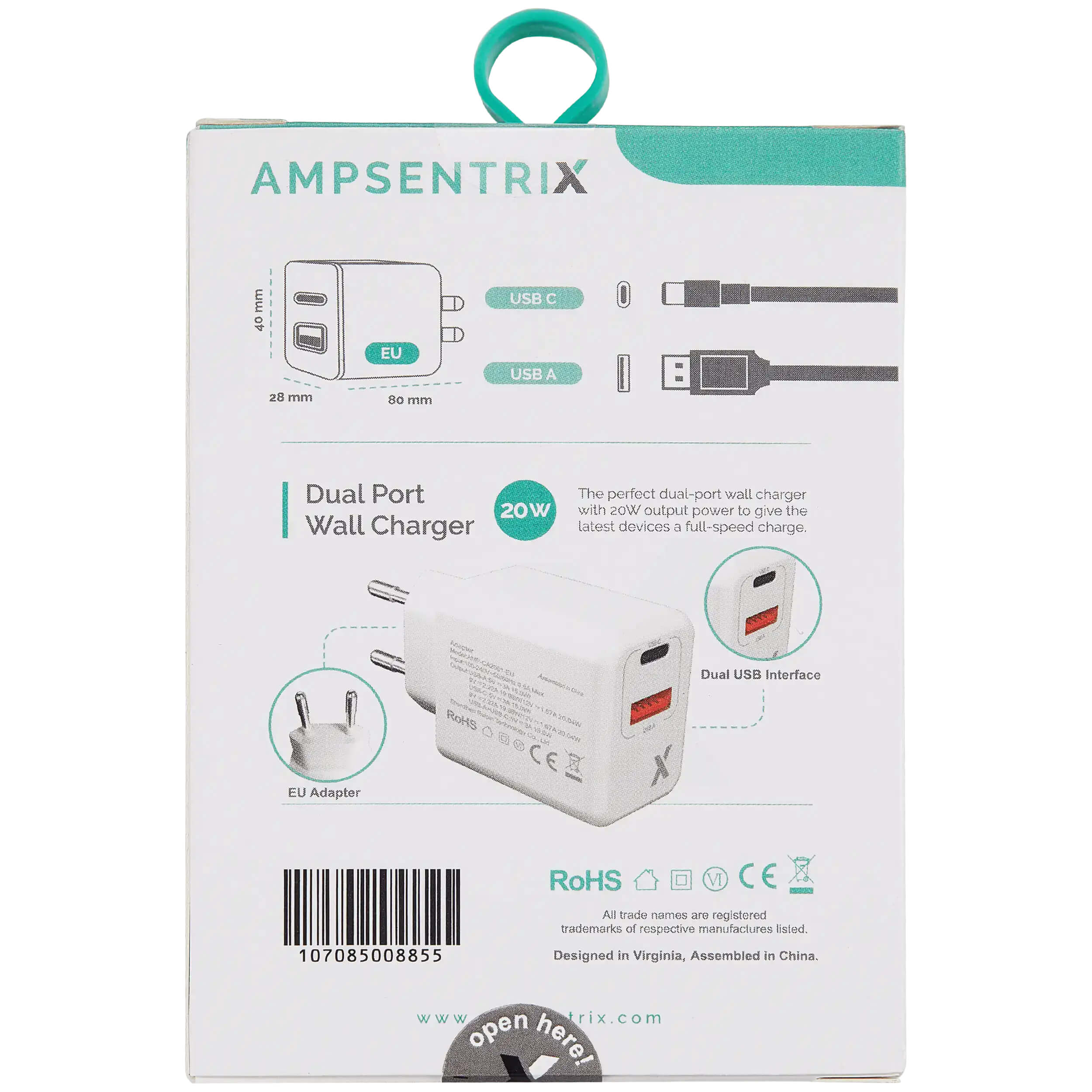 AMPSENTRIX mm 40 EU USB C USB A 28 mm Bo mmn Dual Port 20W Wall Charger

The perfect dual-port wall charger with 20W output power to give the latest devices a full-speed charge. Dual USB Interface EU Adapter

Pol45 NA CE RoHS VI CE 107085008855

All trade names are registered trademarks of respective manufacturers listed.

Designed in Virginia, Assembled in China.

www.ampsentrix.com