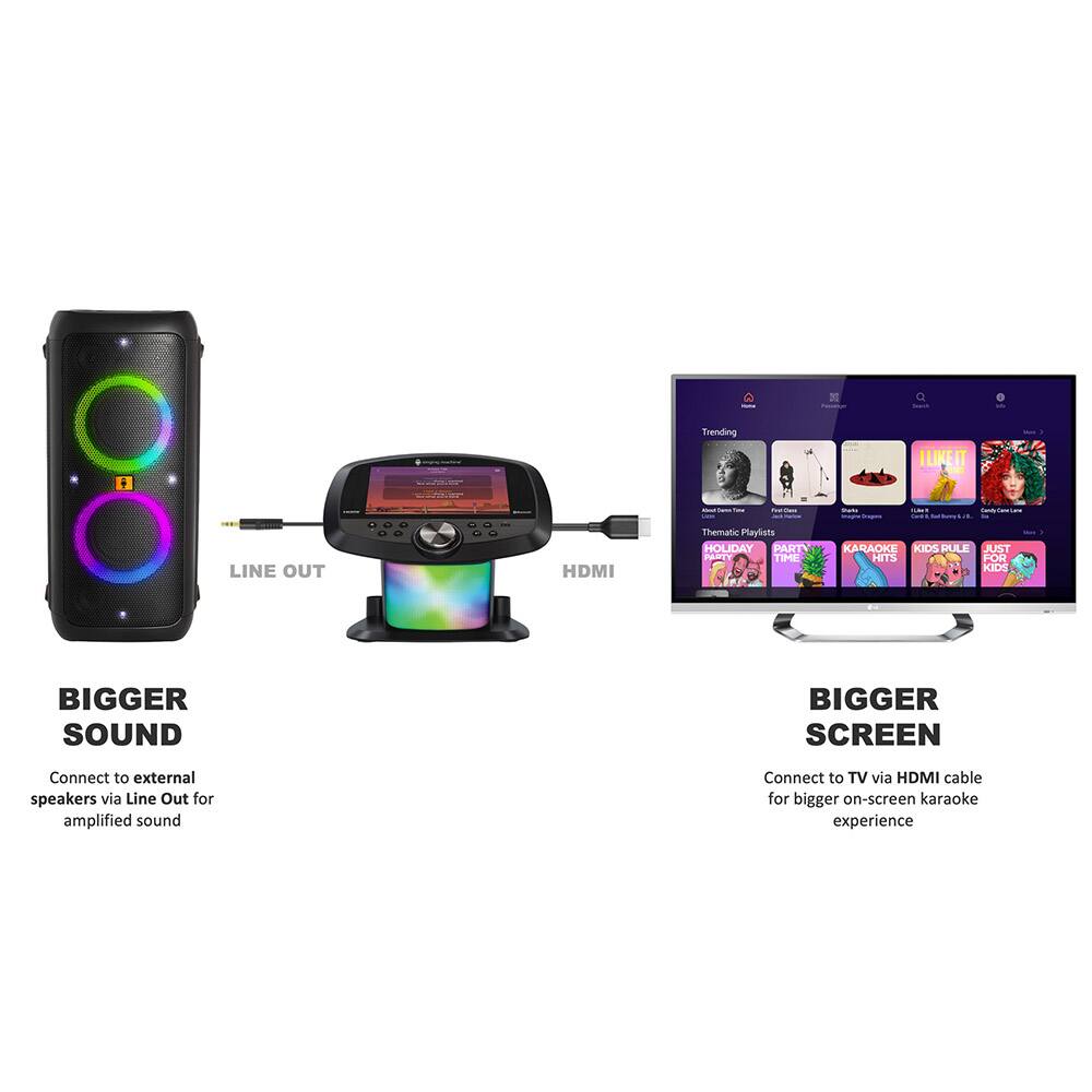 **BIGGER SOUND**

Connect to external speakers via Line Out for amplified sound

**BIGGER SCREEN**

Connect to TV via HDMI cable for bigger on-screen karaoke experience

---

**Trending**

- I LIKE IT
- I
- LINE OUT
- HDMI
- Thematic Playlists
- HOLIDAY PAIT TIME
- AKE KIDS
- PULE
- JUST HITS FOR KIDS

---

**LINE OUT**

**HDMI**
