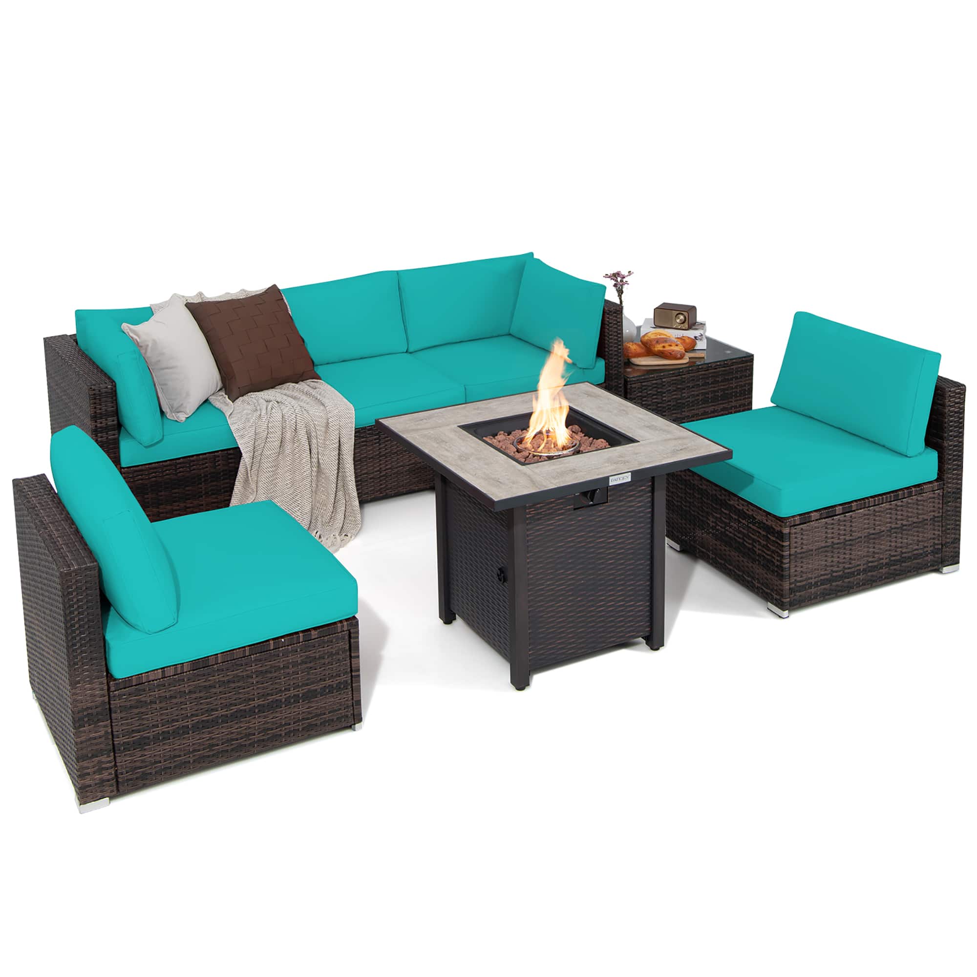 "Costway - 7PCS Patio Rattan Furniture Set 30"" Fire Pit Table Cover Cushion Sofa - Turquoise" price history on PriceWatchPro
