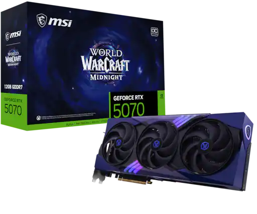 msi msi OC EDITION WORLD WARCRAFT MIDNIGHT 12GB GDDR7 WORLD WARCRAFT MIDNIGHT GEFORCE RTX 5070 W GEFORCE RTX 1 N ma - - - - - - - - tmpto - -. - - - - - - - - - - n - - 5070 . - ui REFLEX | STUDIO RAY TRACING I DLSS 4 | Fa W W W