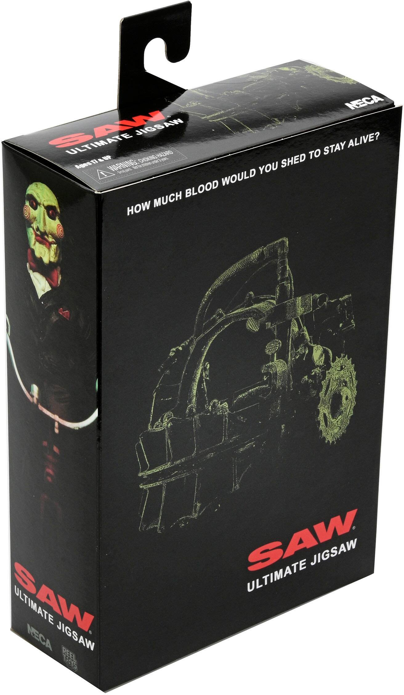 The text on the image is grouped and corrected as follows:
"How much blood would you shed to stay alive? WARNING: Choking Hazard - Small Parts. Not for children under 3 years. Ages 17+. You would need to see Saw to understand the ultimate Jigsaw. Neca Ultimate Jigsaw Reel."