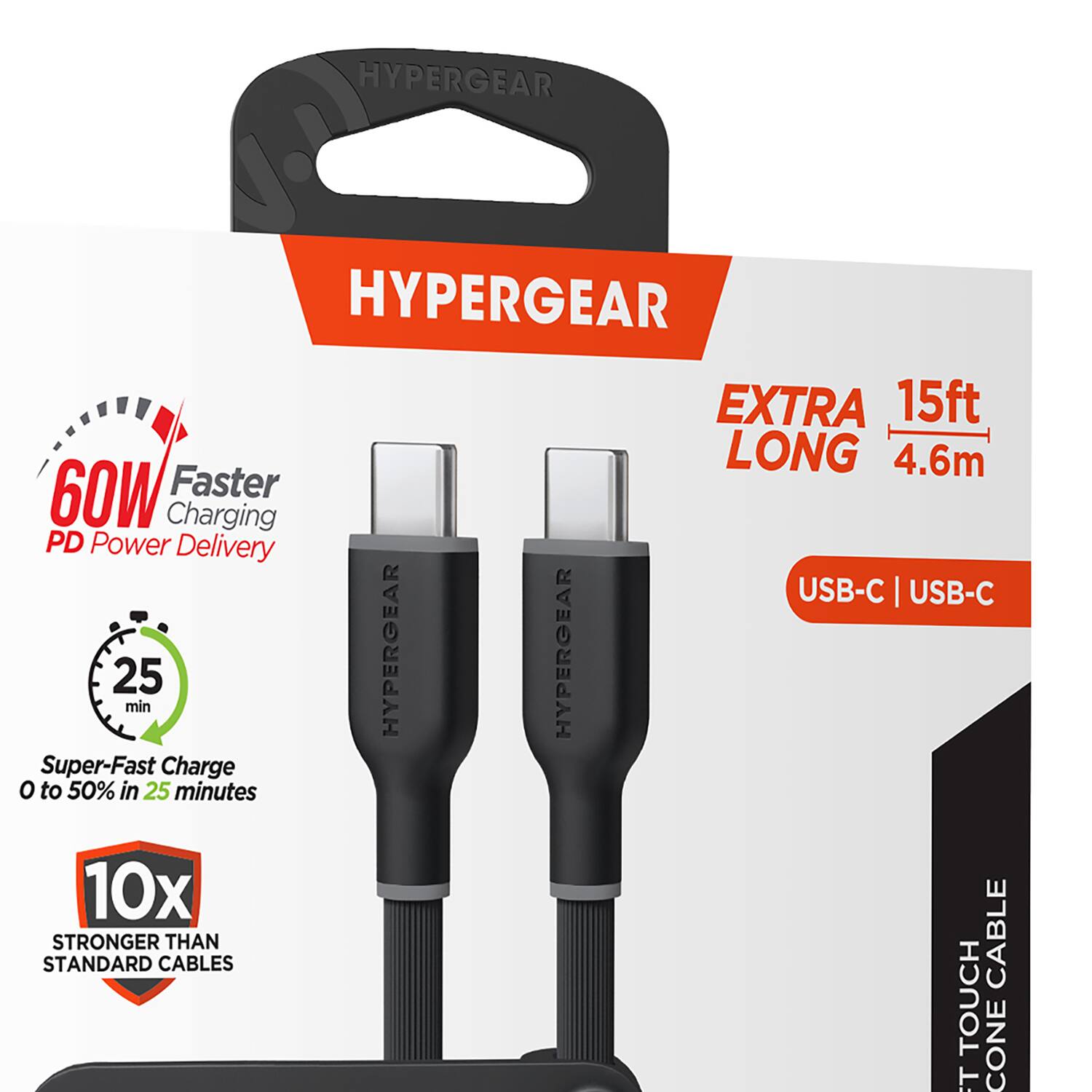 HYPERGEAR HYPERGEAR EXTRA 15ft LONG 4.6m 60W Faster Charging PD Power Delivery USB-C | USB-C 25 min HYPERGEAR HYPERGEAR Super-Fast Charge 0 to 50% in 25 minutes 10x STRONGER THAN STANDARD CABLES