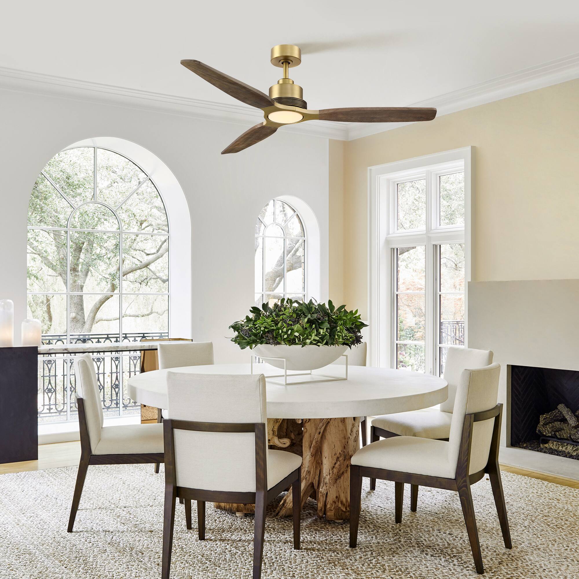 Left. Parrot Uncle - 56" Modern Solid Wood Diammable LED Ceiling Fan with Remote and Light - Gold.