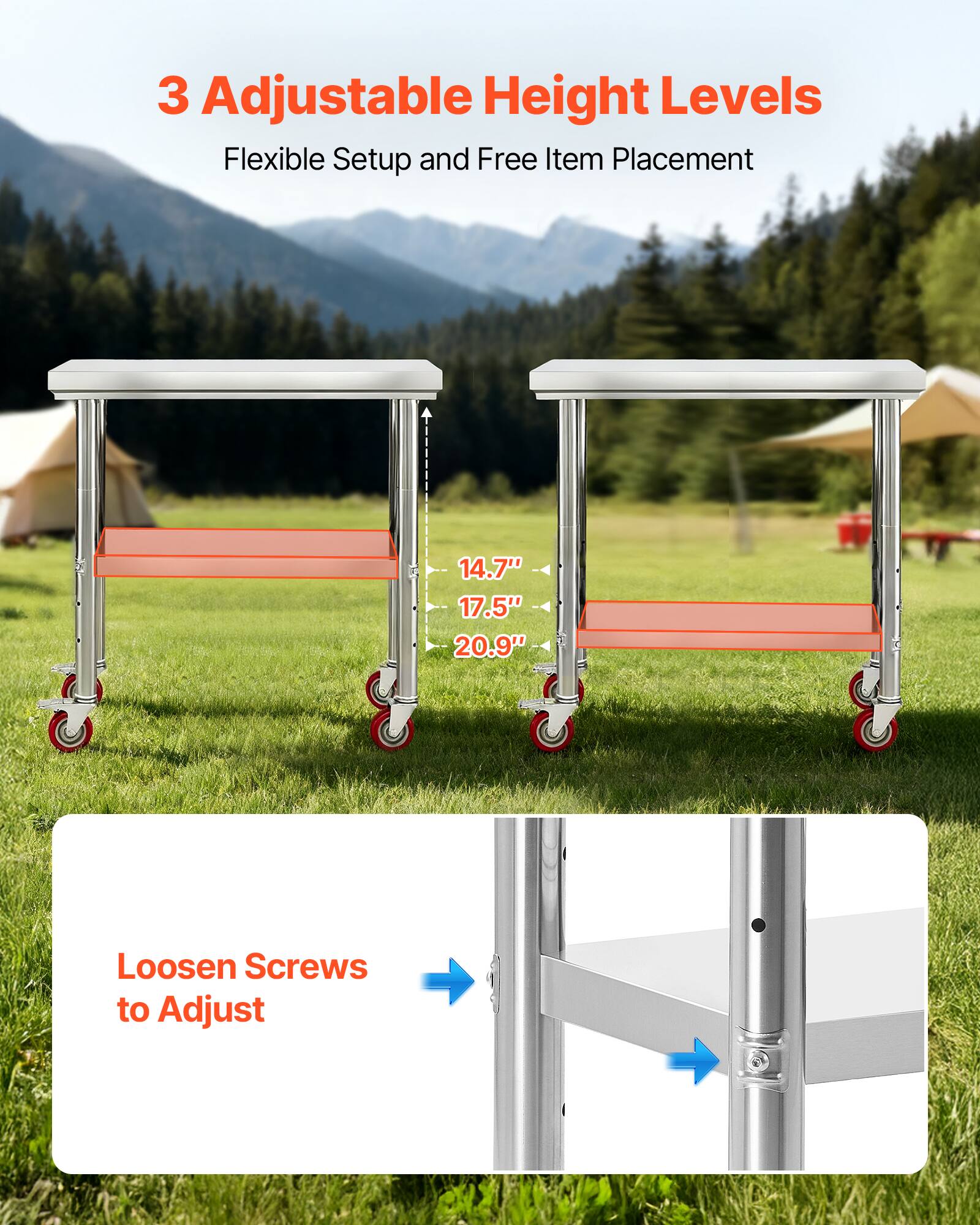 3 Adjustable Height Levels  
Flexible Setup and Free Item Placement  

14.7"  
17.5"  
20.9"  

Loosen Screws to Adjust