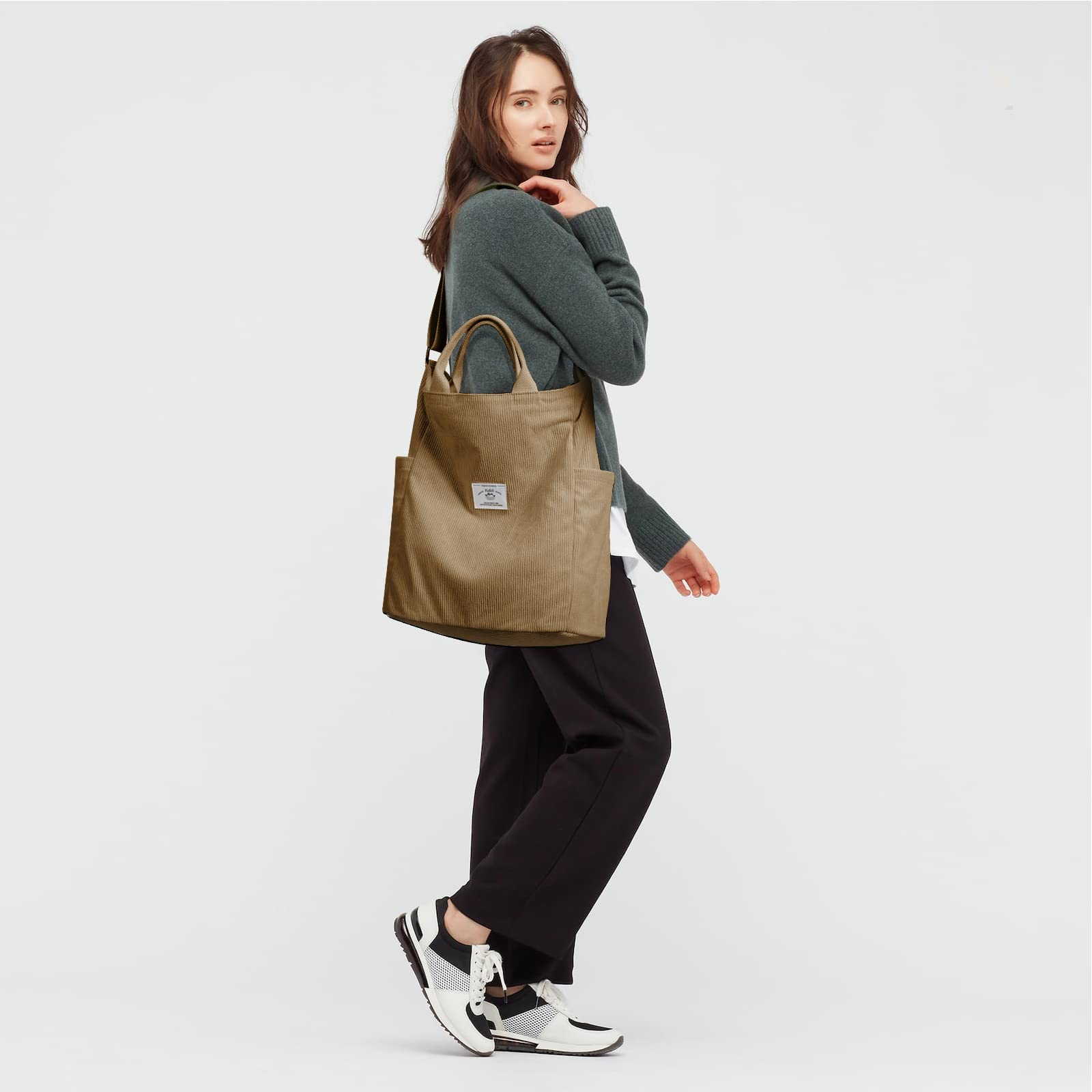 Alt View 5. Fabibe - Corduroy Tote Bag  Large Messenger Shoulder Hobo Anti Splash Crossbody Zipper Casual Work Shopping Women - Grey Leaf.
