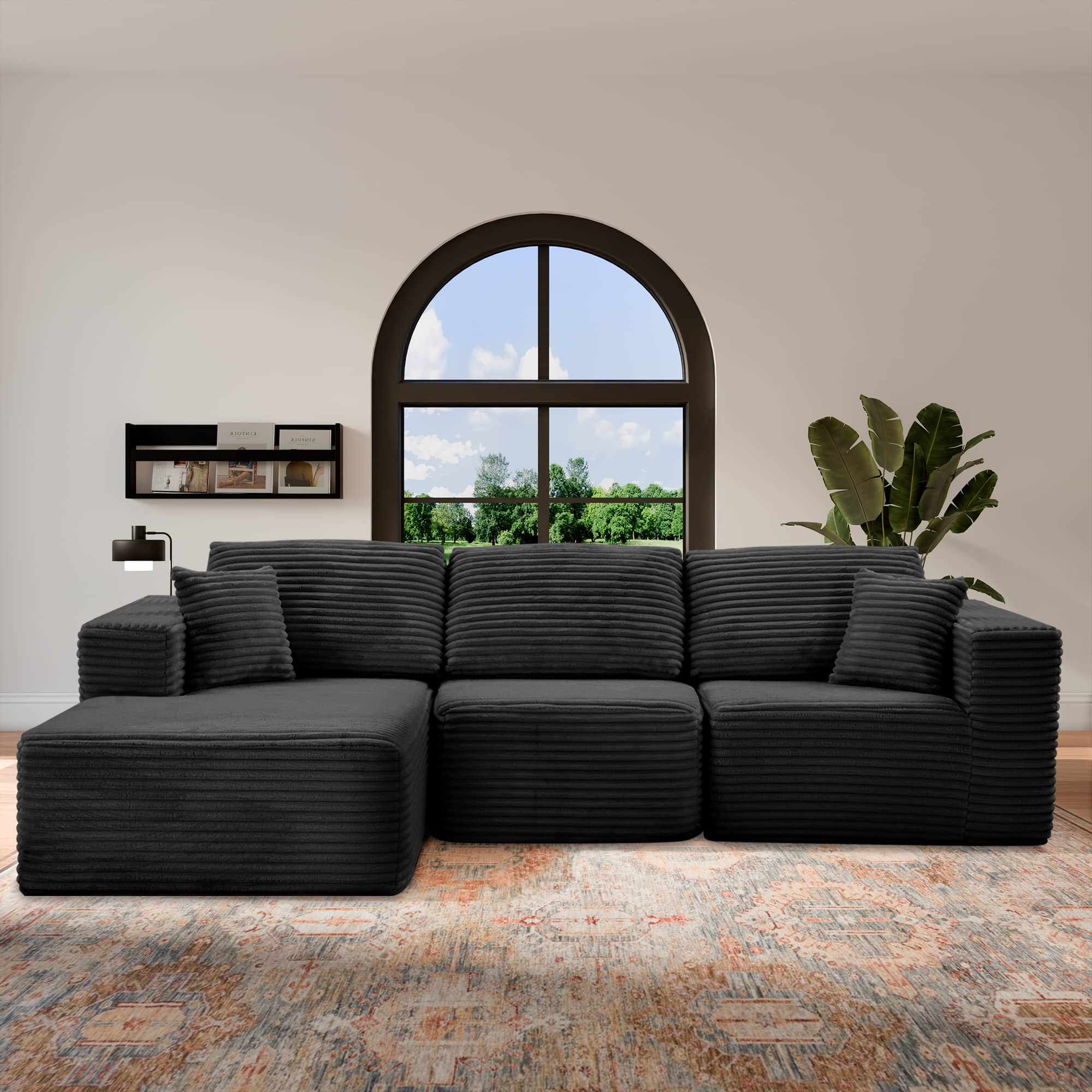 PexFix - 104" Wide Ribbed Velvet L-Shaped Sectional Sofa, Modular Couch with Chaise and Comfort Foam - Gray