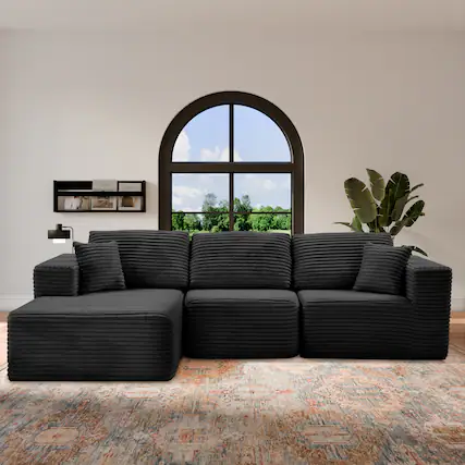 Front. PexFix - 104" Wide Ribbed Velvet L-Shaped Sectional Sofa, Modular Couch with Chaise and Comfort Foam - Gray.