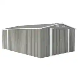 Mondawe - 10×14 FT Outdoor Storage Shed with 3 Lockable Doors,4 Air Vents & Sloped Roof - Light Gray