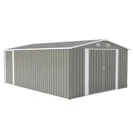 Front. Mondawe - 10×14 FT Outdoor Storage Shed with 3 Lockable Doors,4 Air Vents & Sloped Roof - Light Gray.