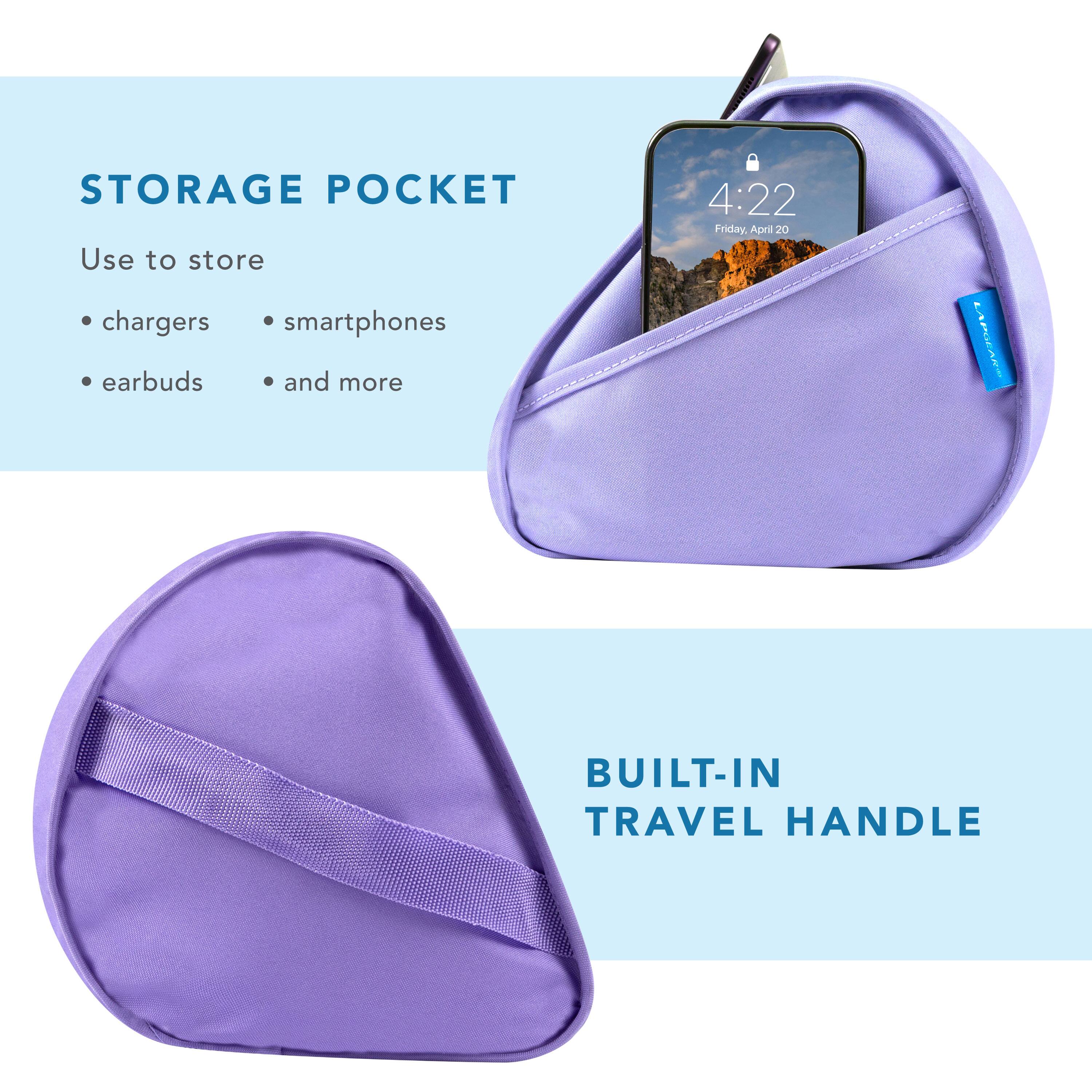 STORAGE POCKET  
Use to store  
- chargers  
- smartphones  
- earbuds  
- and more  

4:22  
Friday, April 20  

BUILT-IN TRAVEL HANDLE