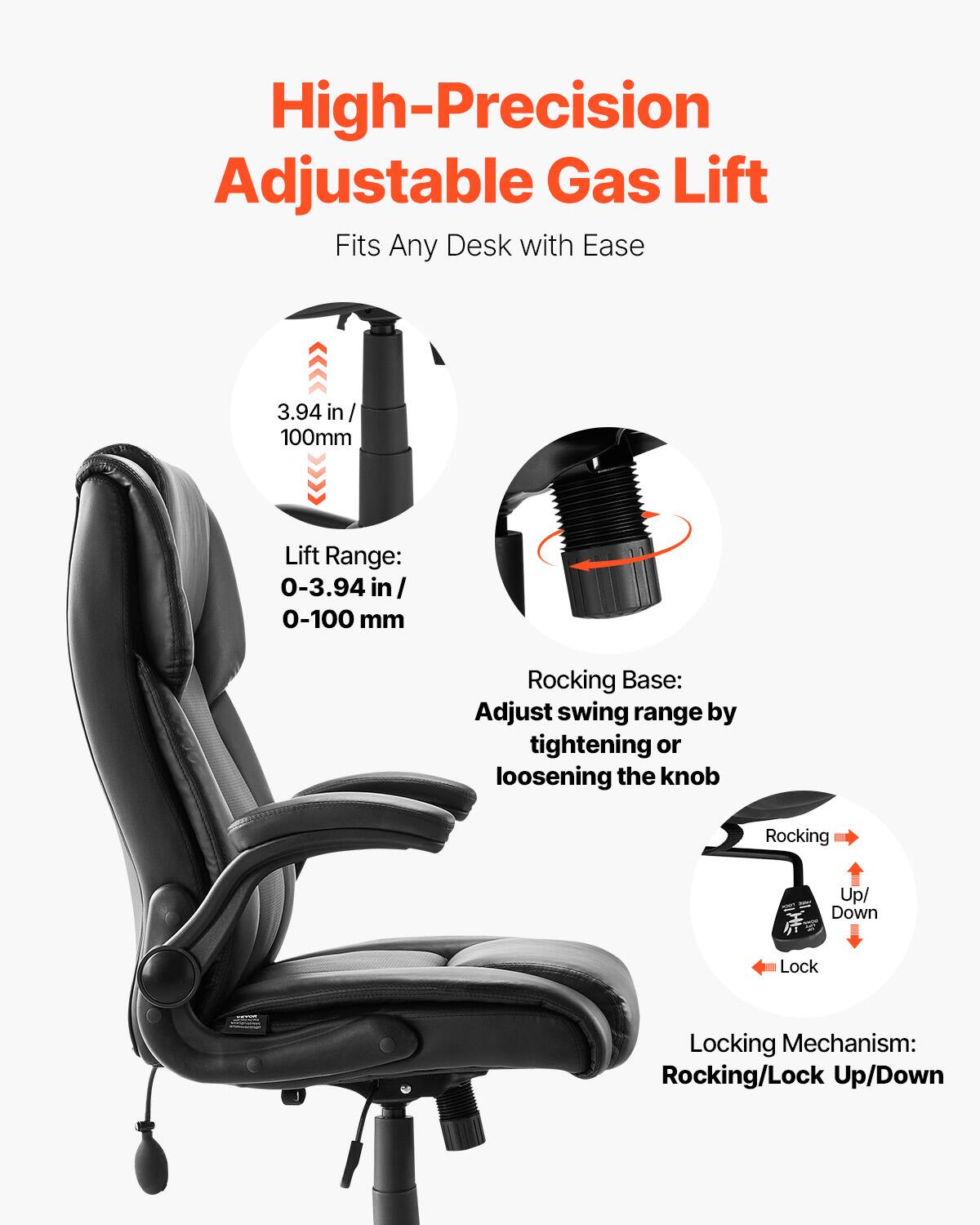 High-Precision Adjustable Gas Lift  
Fits Any Desk with Ease  

Lift Range:  
0-3.94 in / 0-100 mm  

Rocking Base:  
Adjust swing range by tightening or loosening the knob  

Locking Mechanism:  
Rocking/Lock Up/Down
