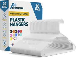 Lifemaster - Plastic Hangers – Heavy Duty, Non-Slip, Space-Saving, Holds 5 lbs, for Clothes, Dresses & Coats, Pack of 20 - White