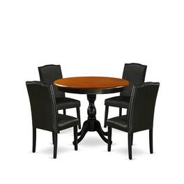 East West Furniture - 5-Piece Round Table Set Contains a Wood Kitchen Table and 4 Black PU Leather Upholstered Chairs - Multi-Color