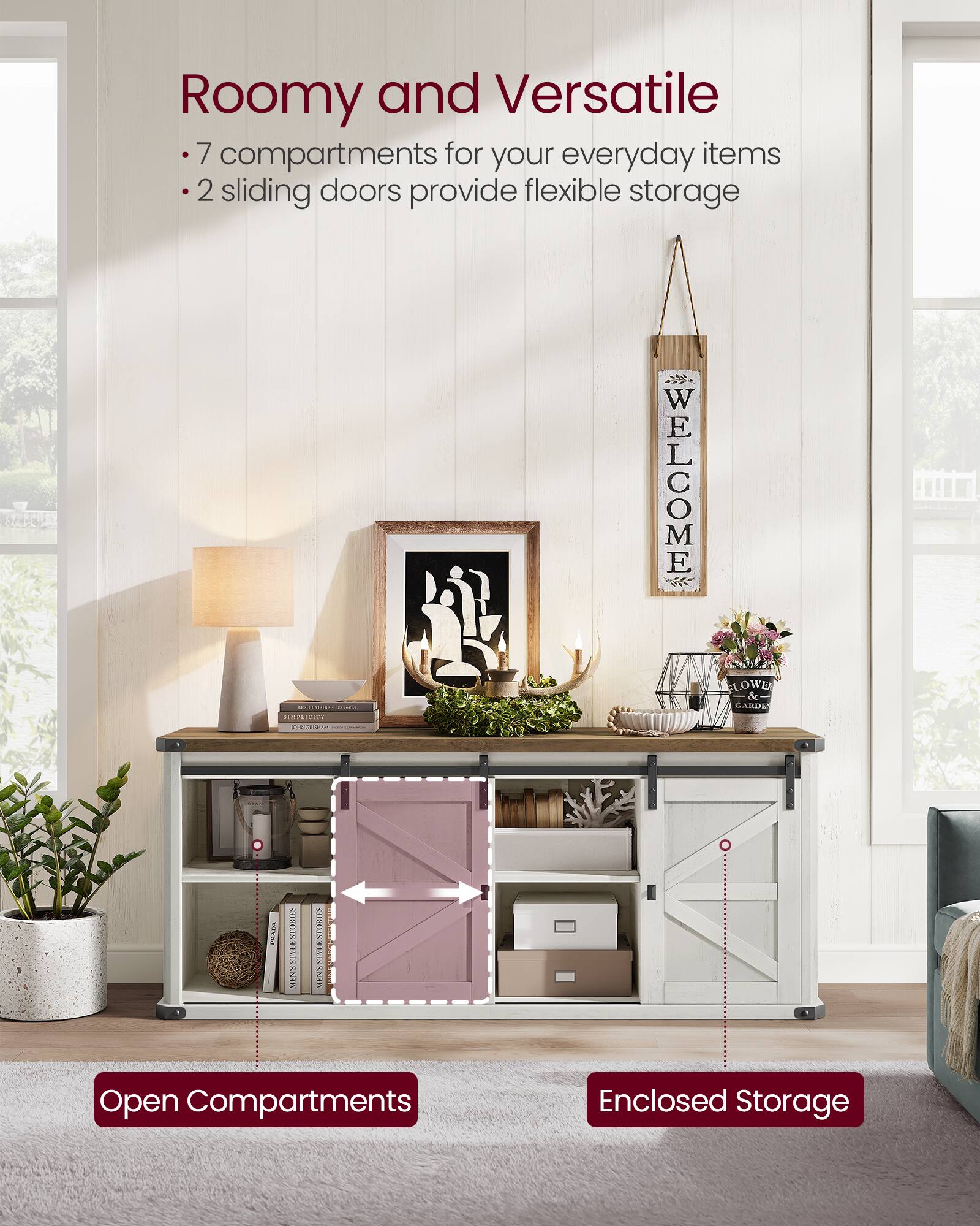 Roomy and Versatile  
- 7 compartments for your everyday items  
- 2 sliding doors provide flexible storage  

Open Compartments  
Enclosed Storage