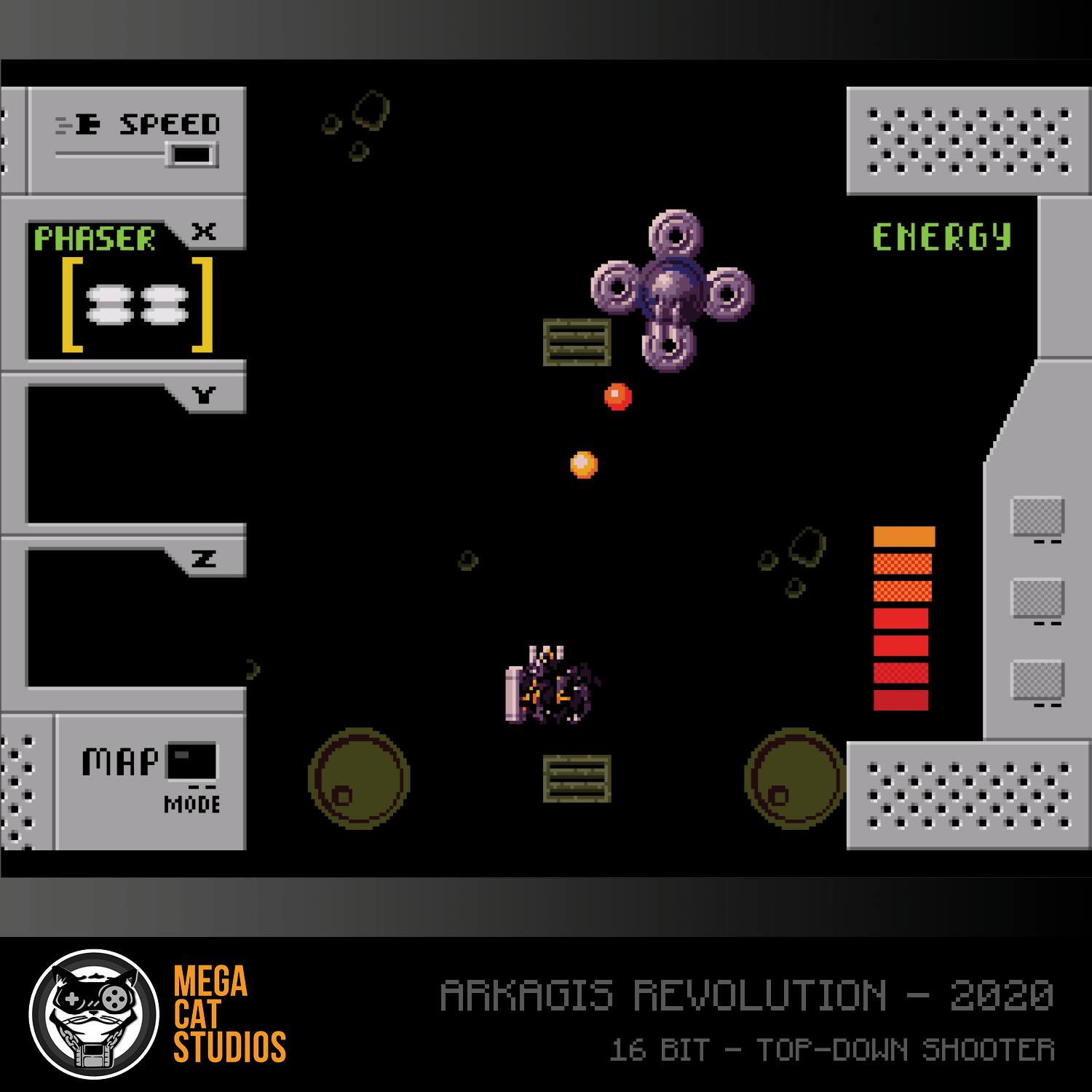 E SPEED PHASER x ENERGY Y AZ Z  
MAP MODE  
MEGA CAT STUDIOS  
ARKAGIS REVOLUTION - 2020  
16 BIT - TOP-DOWN SHOOTER