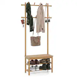 Costway - Bamboo Coat Rack with Bench Shoe Storage 2 Hanging Rods 11 Hanging Hooks Shelves - Beige