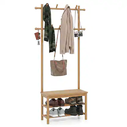 Front. Costway - Costway Bamboo Coat Rack with Bench Shoe Storage 2 Hanging Rods 11 Hanging Hooks Shelves - Beige.