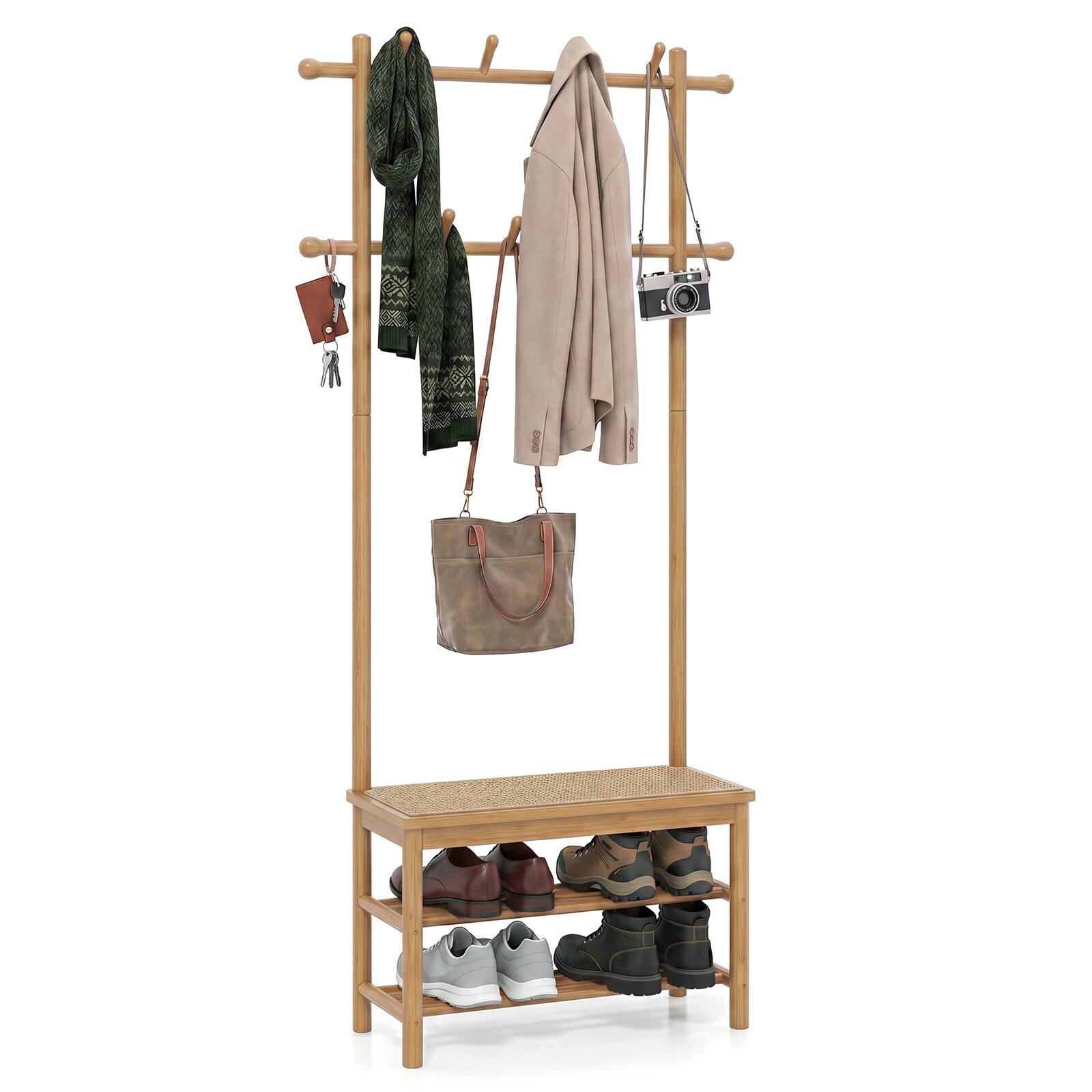 Costway - Bamboo Coat Rack with Bench Shoe Storage 2 Hanging Rods 11 Hanging Hooks Shelves - Beige