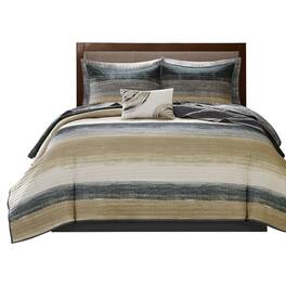 Gracie Mills - Ianne Modern 8-Piece Watercolor Stripe Quilt Set with Cotton Bed Sheets - Taupe