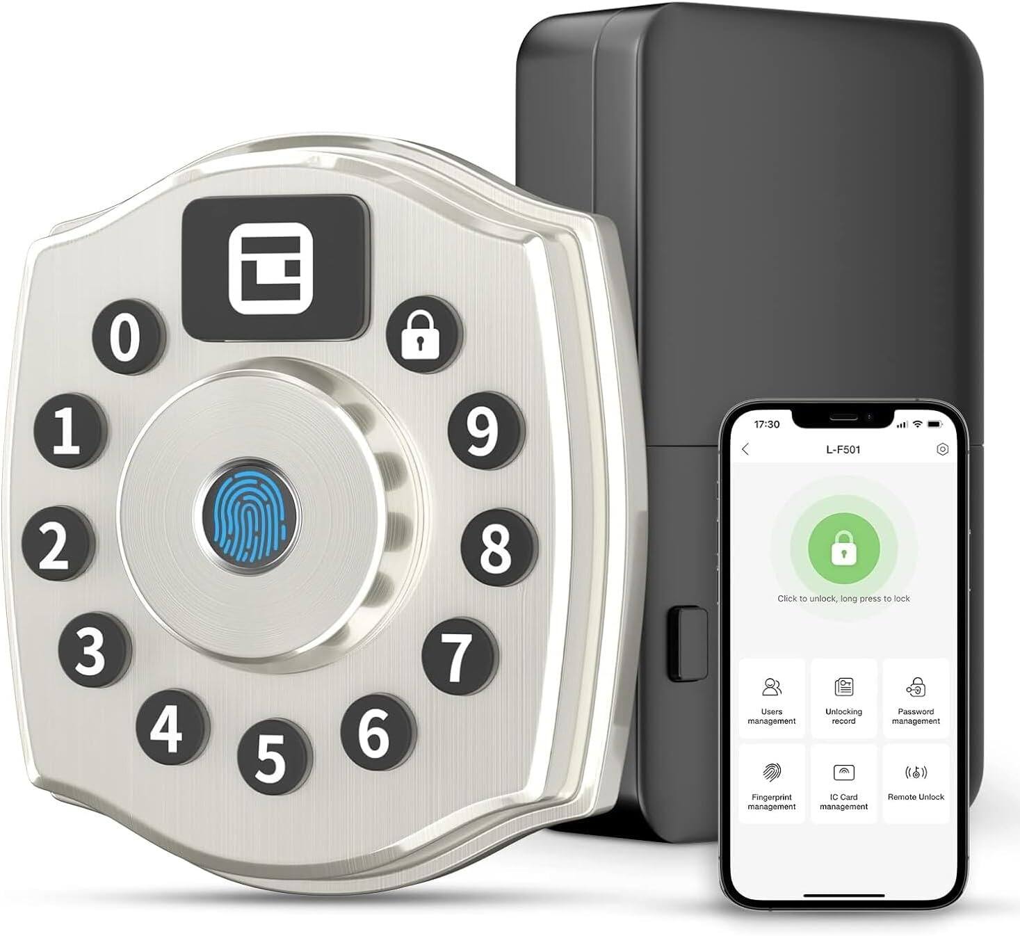 1 O 9 17:30 L-F501 E 2 3 4 5 6 8 7

Click to unlock, long press to lock

Users management
Unlocking record
Password management
Fingerprint management
IC Card management
Remote Unlock management