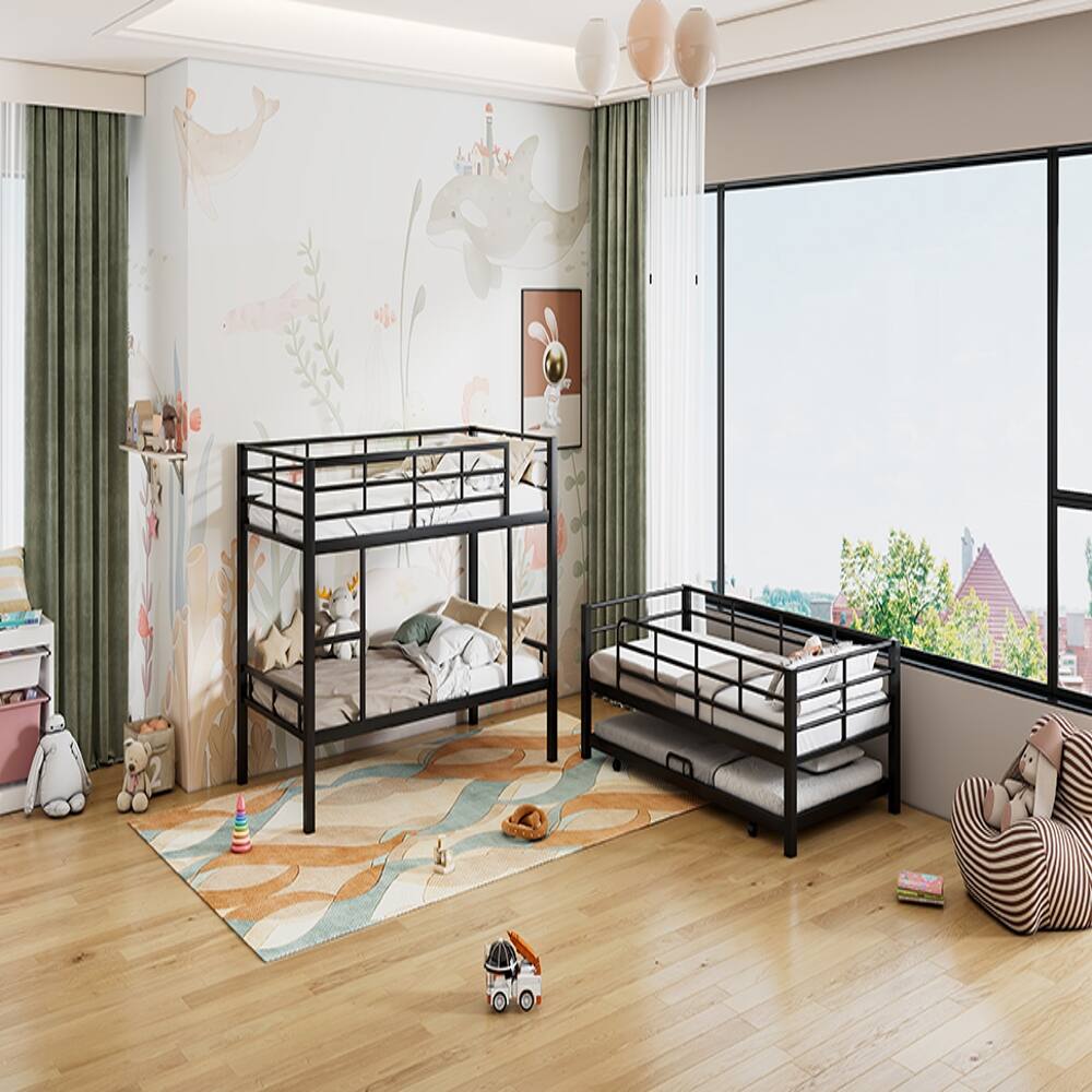 Alt View 3. Loheer - Loheer Metal Twin Size Triple Bunk Bed with Trundle Black Heavy Duty Steel 3 Tier Bunk Bed Space-Saving Design - Black.
