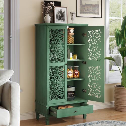 Angle. LUCKY ONE - 55in Freestanding Tall Storage Cabinet with Drawer Carved Doors Solid Wood Legs for Living Room Hallway - Antique Green.