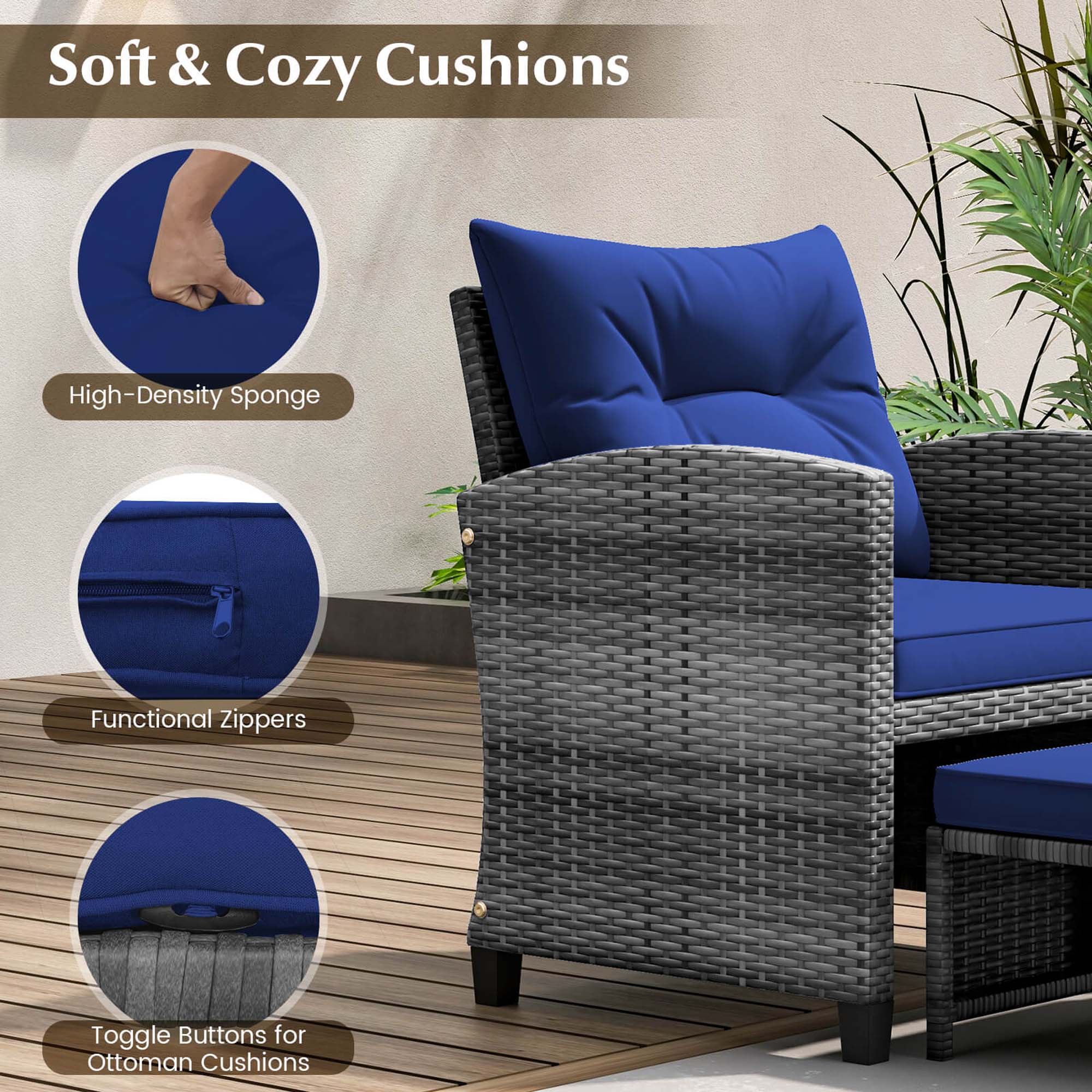 Soft & Cozy Cushions High-Density Sponge Functional Zippers Toggle Buttons for Ottoman Cushions
